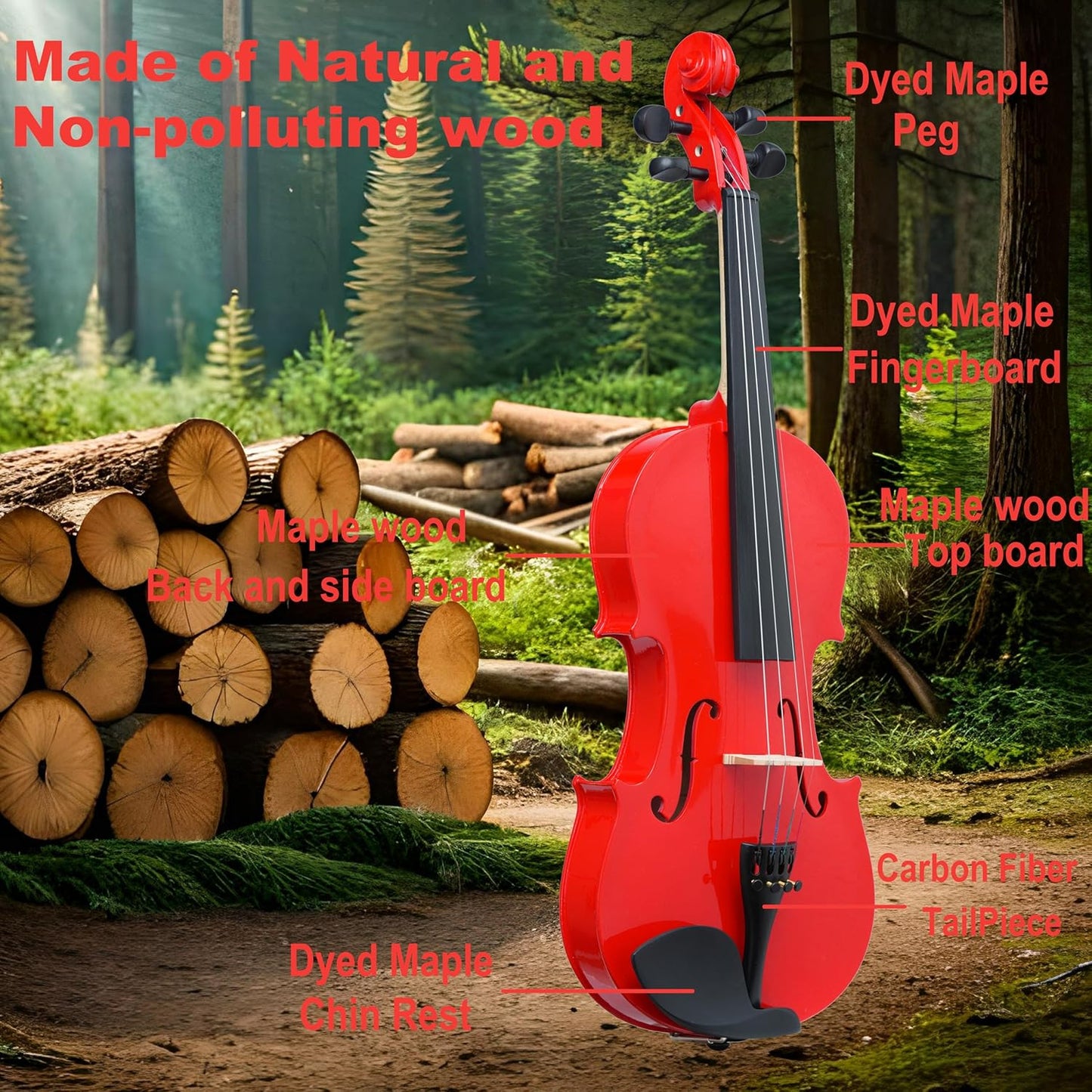 1/4 Fiddle Red Colored Premium Violin Outfit for Beginners Adults Kids With 5 Color Fingering Tape- Handcrafted Student Beginner Violin. (Red, 1/4)