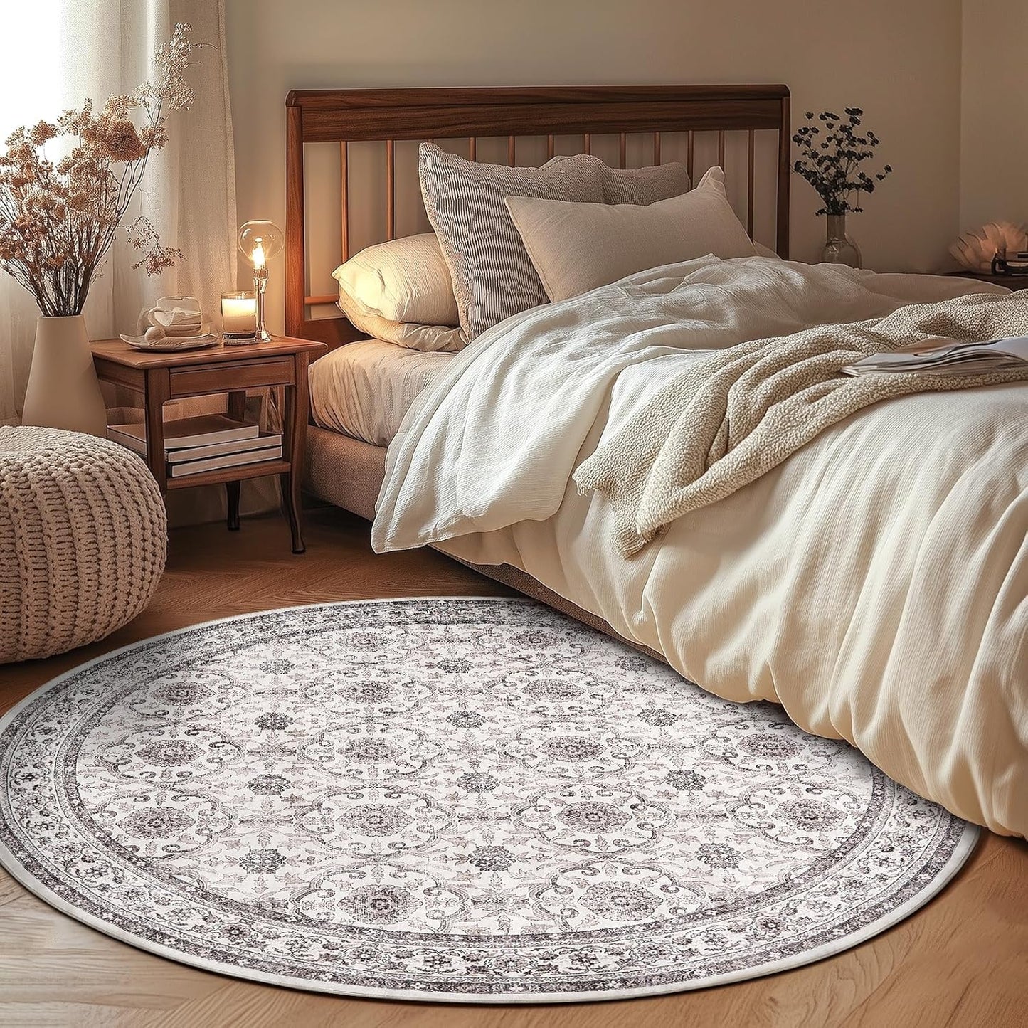 jinchan Round Rug 6ft Washable Circle Soft Rug - Low Pile Vintage 6'Round Indoor Beige Floral Print Stain Resistant Boho Carpet Ultra-Thin Non-Slip for Living Room Nursery Bedroom Dining Room Kitchen