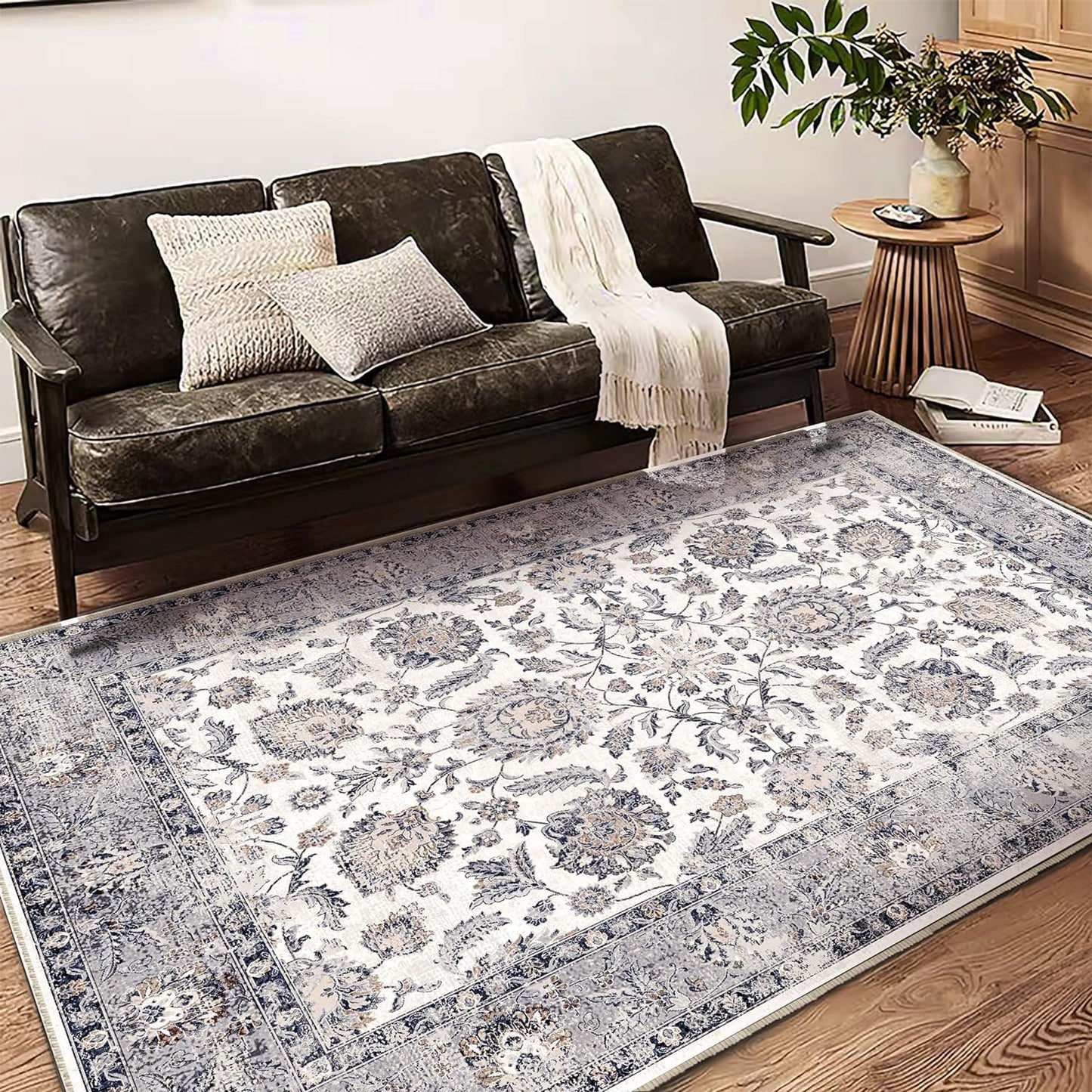 Washable Area Rug 4x6 Rugs for Living Room Retro Flowers Machine Non-Slip Bedroom Rug Vintage Trellis Throw Rug Distressed Carpet for Dining Room Office Carpet