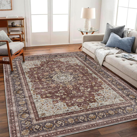 Area Rug 6'x9' Washable Vintage Traditional Floor Cover Thin Retro Kitchen Indoor Distressed Non Slip Carpet for Living Room Bedroom Dining Room