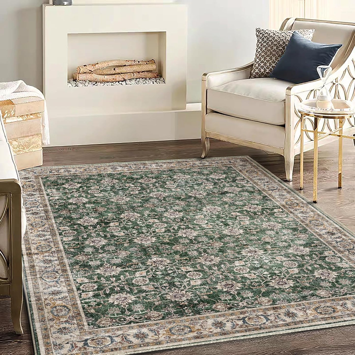 Area Rug 5'x7' Washable Rug Vintage Traditional Floor Cover Thin Retro Kitchen Indoor Distressed Non Slip Carpet for Living Room Bedroom Dining Room