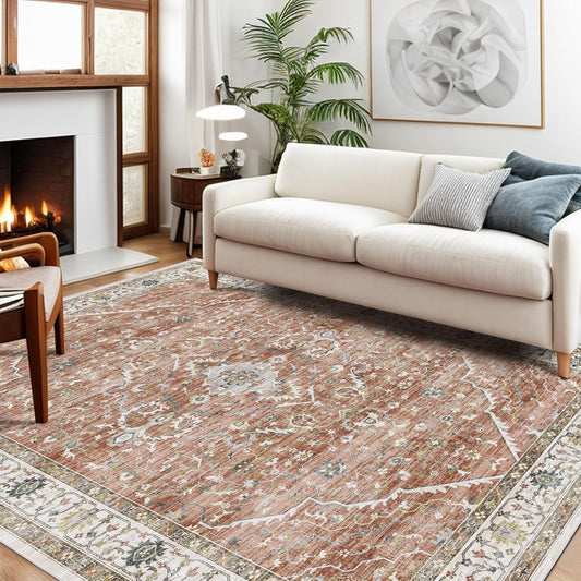 Deerly Rug 3x5 Washable Rug Non-Slip Area Rugs for Bedroom Living Room Kitchen, Printed Low-Pile Ultra-Soft Cute Dorm Rug Room Decor for Teen Girls(Brick Red)(Border Brick Red)
