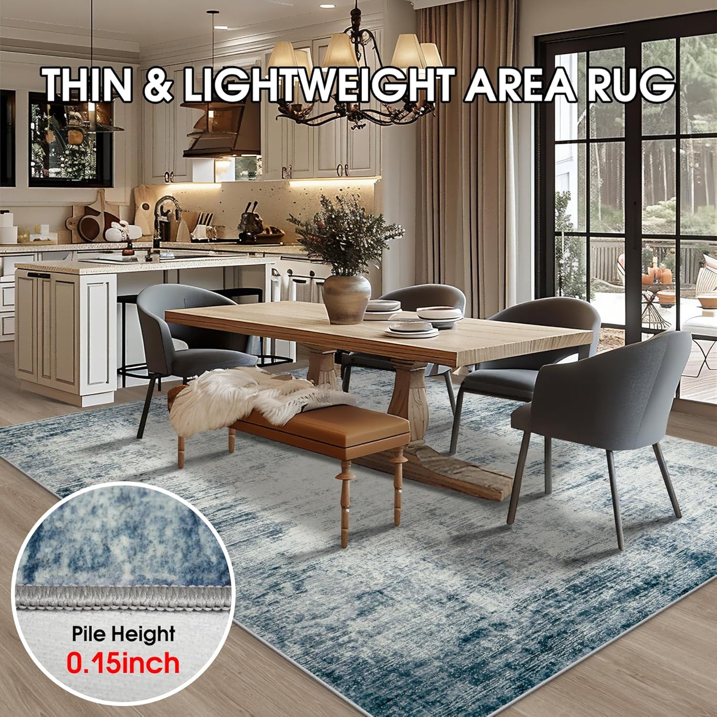 Area Rug 9x12 Washable Rugs: Abstract Large Living Room Rugs with Non-Slip Backing, Stain Resistant Indoor Floor Carpet for Bedroom Dining Room Table Nursery Hallway Home Office-Blue/Ivory