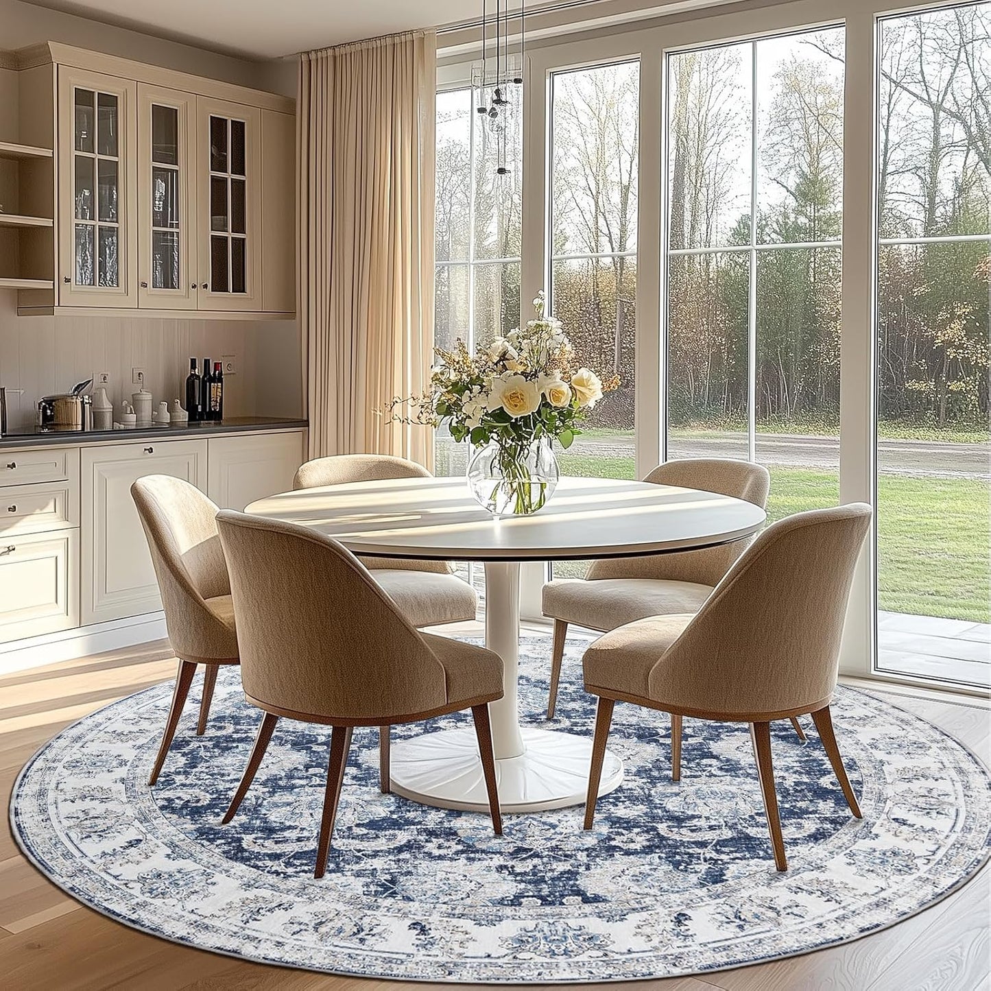 jinchan Round Rug 8ft Area Rugs Vintage Floral Distressed Design Machine Washable Non-Slip Low-Pile Ultra-Thin Circle Rug for Living Room Dining Room Bedroom Home Office Farmhouse (8' Round,Dark Blue)