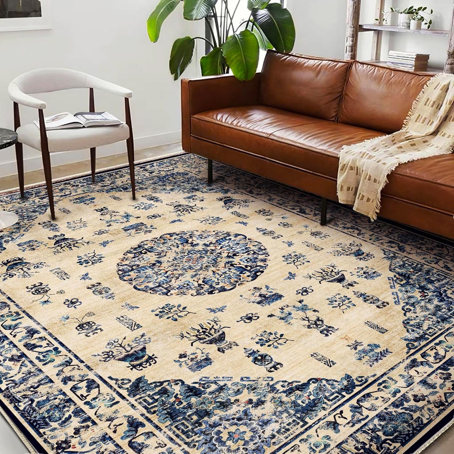 Washable Area Rug 9'x12' Retro Boho Design Non-Shedding Easy Care Ideal for High Traffic Areas in Living Room Bedroom Office Coffee Table Kitchen Large Carpet