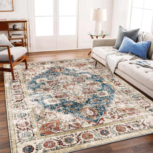 Washable Area Rug 10'x14' Beige Blue Boho Chic Medallion Distressed Design Non-Shedding Easy Care Ideal for High Traffic Areas in Living Room Bedroom Office Coffee Table Large Carpet