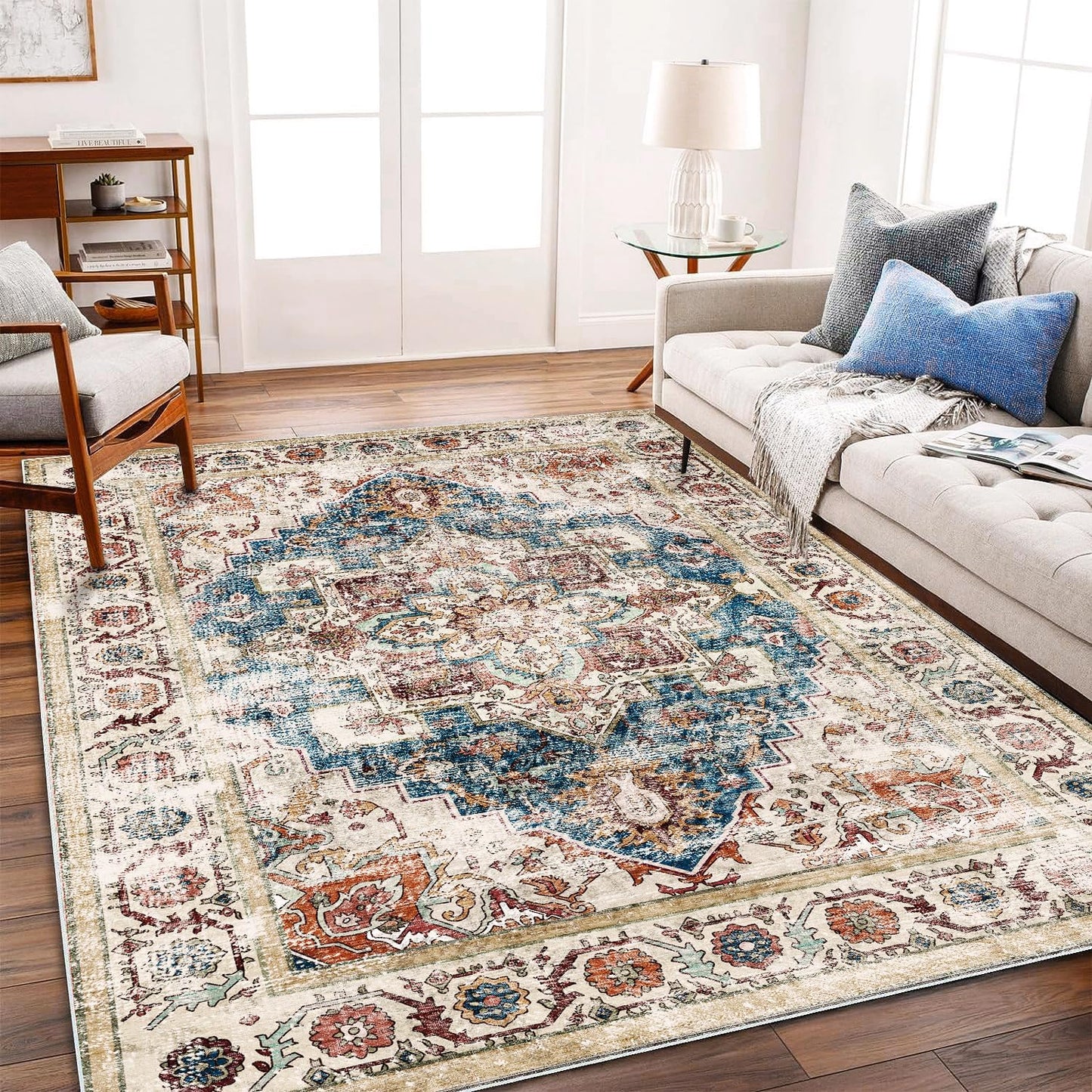 Retro Washable Area Rug 3'x5' Washable Living Room Boho Chic Medallion Distressed DesignIndoor Non-Slip Large Oriental Accent Throw Rug for Kitchen Bedroom Office Carpet