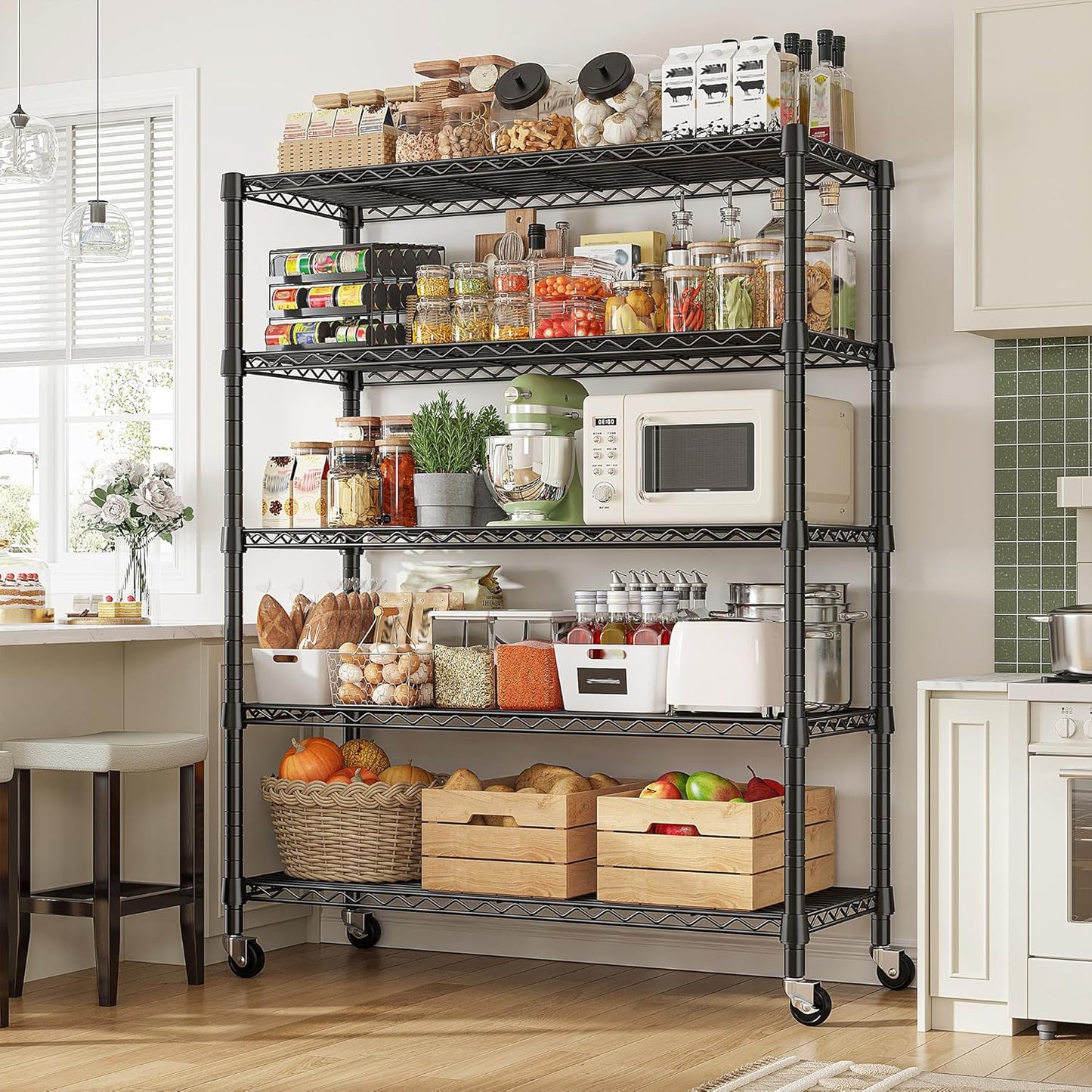 REIBII Storage Shelves with Wheels Wide Wire Shelving Unit with Wheels 75.2"H Tall Metal Shelves for Storage Sturdy Heavy Duty Shelving Deep Pantry Shelves 5 Tier Storage Rack, Keep Organized, 2 Pack