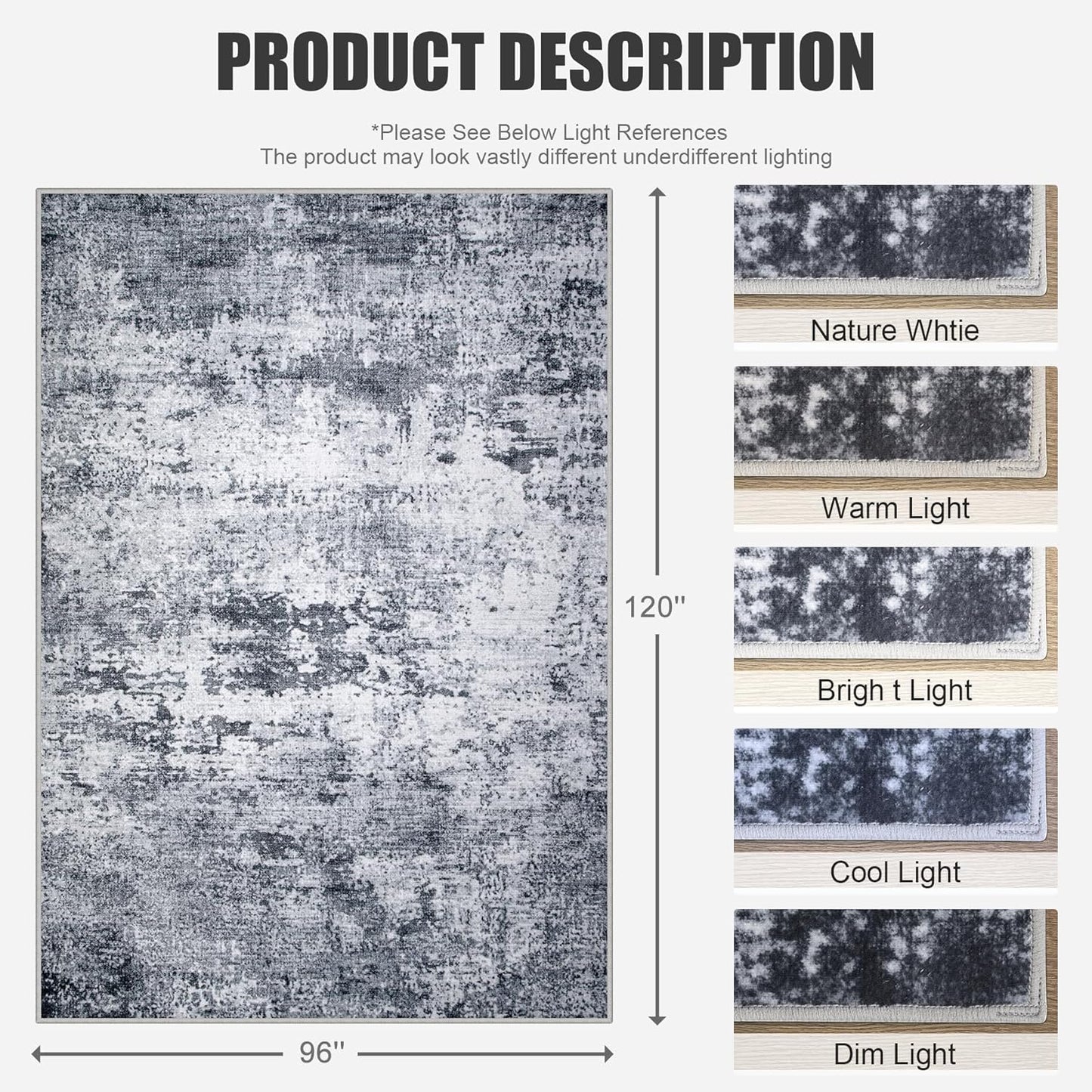 8x10 Area Rug Living Room Rug: Washable Modern Abstract Soft Thin Rug Indoor Floor No Slip Stain Resistant Carpet for Bedroom Dining Room Farmhouse Nursery Home Office - Grey