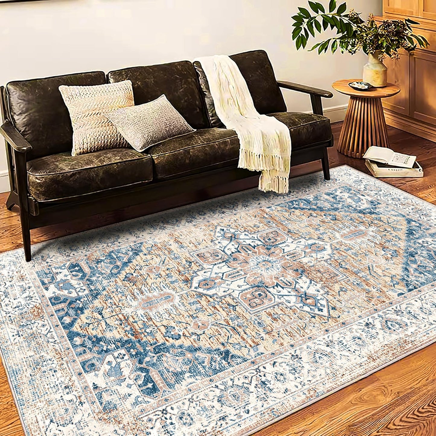 Washable Area Rug 8x10 Boho Chic Medallion Distressed Design Non-Shedding Easy Care Ideal for High Traffic Areas in Living Room Bedroom Office Coffee Table Large Carpet