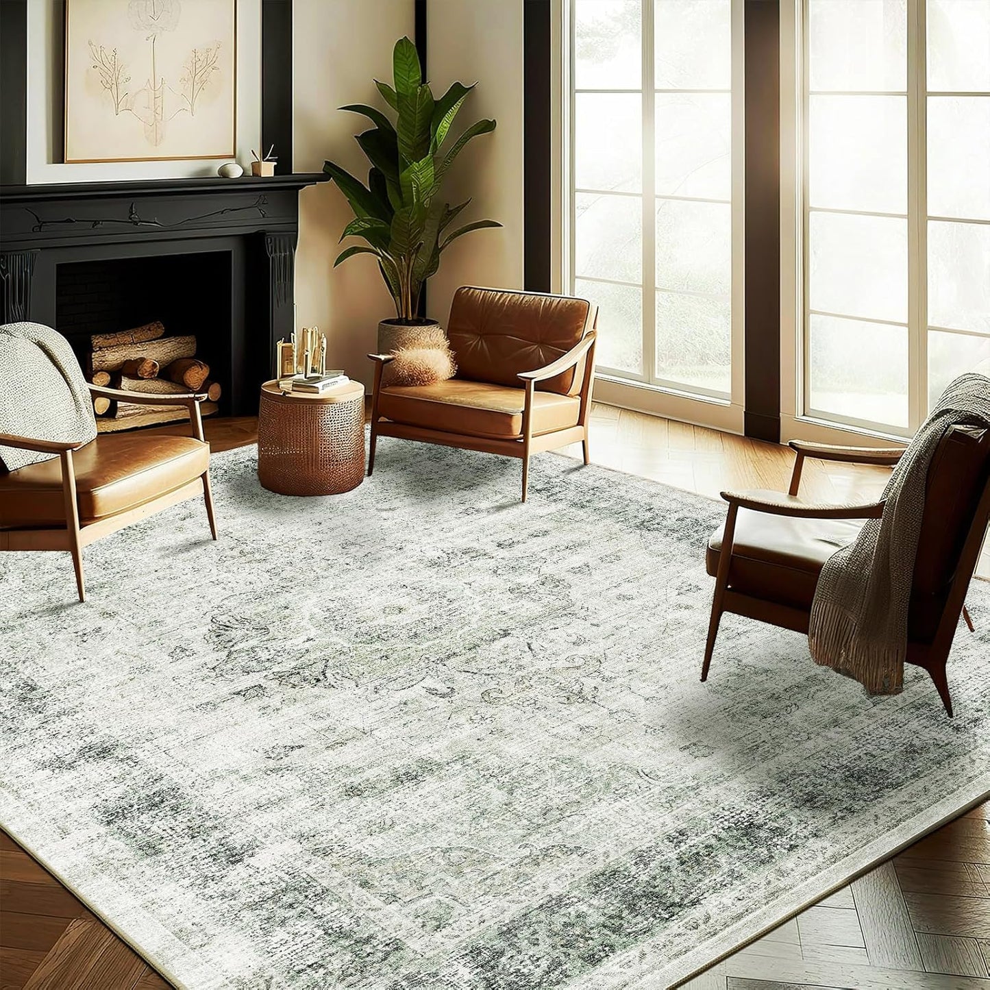 Washable Area Rug 10'x14' Floral Green Boho Design Non-Shedding Easy Care Ideal for High Traffic Areas in Living Room Bedroom Office Coffee Table Kitchen Large Carpet