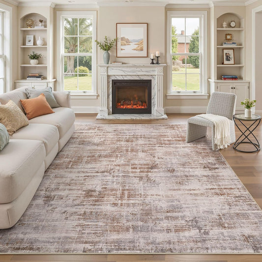 Area Rug for Living Room: 8x10 Washable Neutral Abstract Modern Soft Rugs Non Slip Indoor Floor Stain Resistant Large Carpet for Bedroom Dining Room Office Nursery - Red Brown