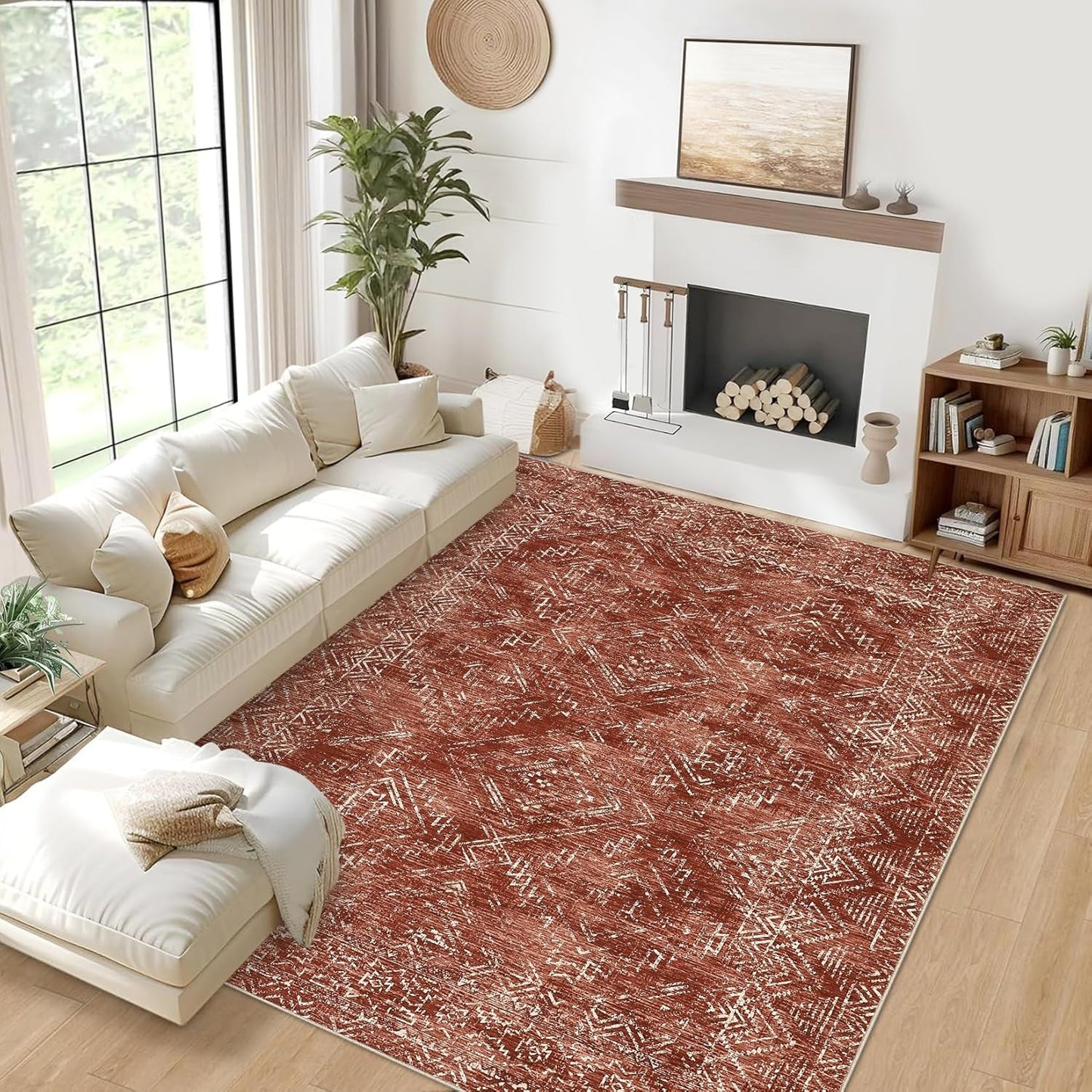 COZYLOOM 5x7 Area Rug for Bedroom Machine Washable Area Rugs Modern Abstract Carpet with Non Slip Backing Geometric Stain Resistant Foldable Indoor Mats for Living Room, Dining Room, Red