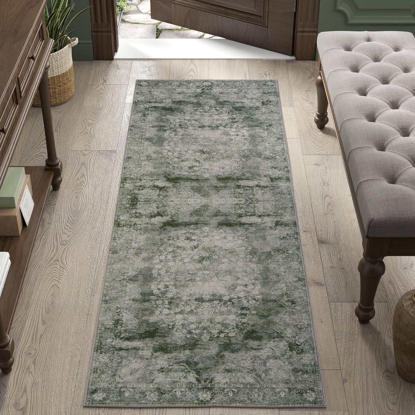 jinchan Green Runner Rug 2x6 - Vintage Floral Machine Washable Distressed Design Non-Slip Low-Pile Soft Thin Carpet for Hallway Kitchen Farmhouse Bedroom Entryway Laundry Room (2x6ft,Forest Green)