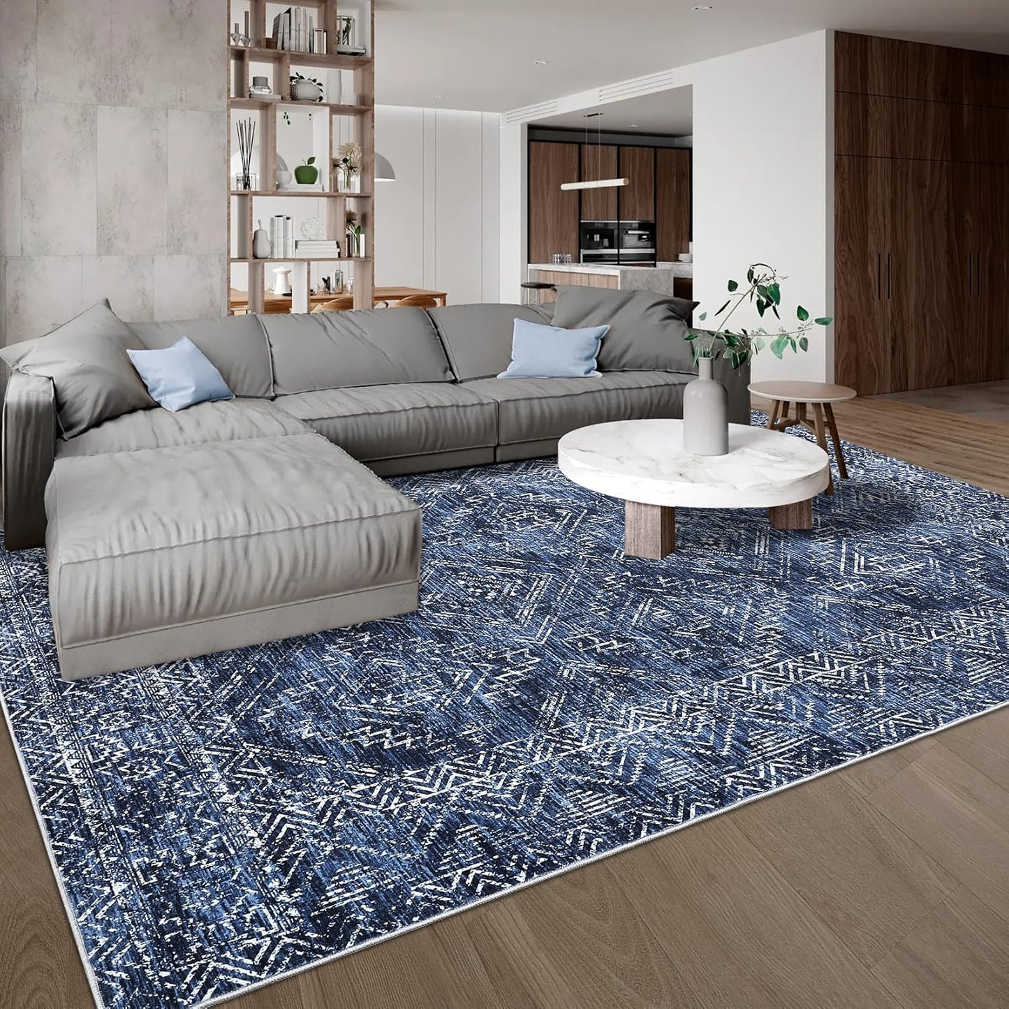 COZYLOOM Living Room Rug 9x12 Machine Washable Area Rugs Modern Abstract Floor Cover Non Slip Low Pile Geometric Mats Stain Resistant Foldable Carpet for Dining Room Bedroom, Blue