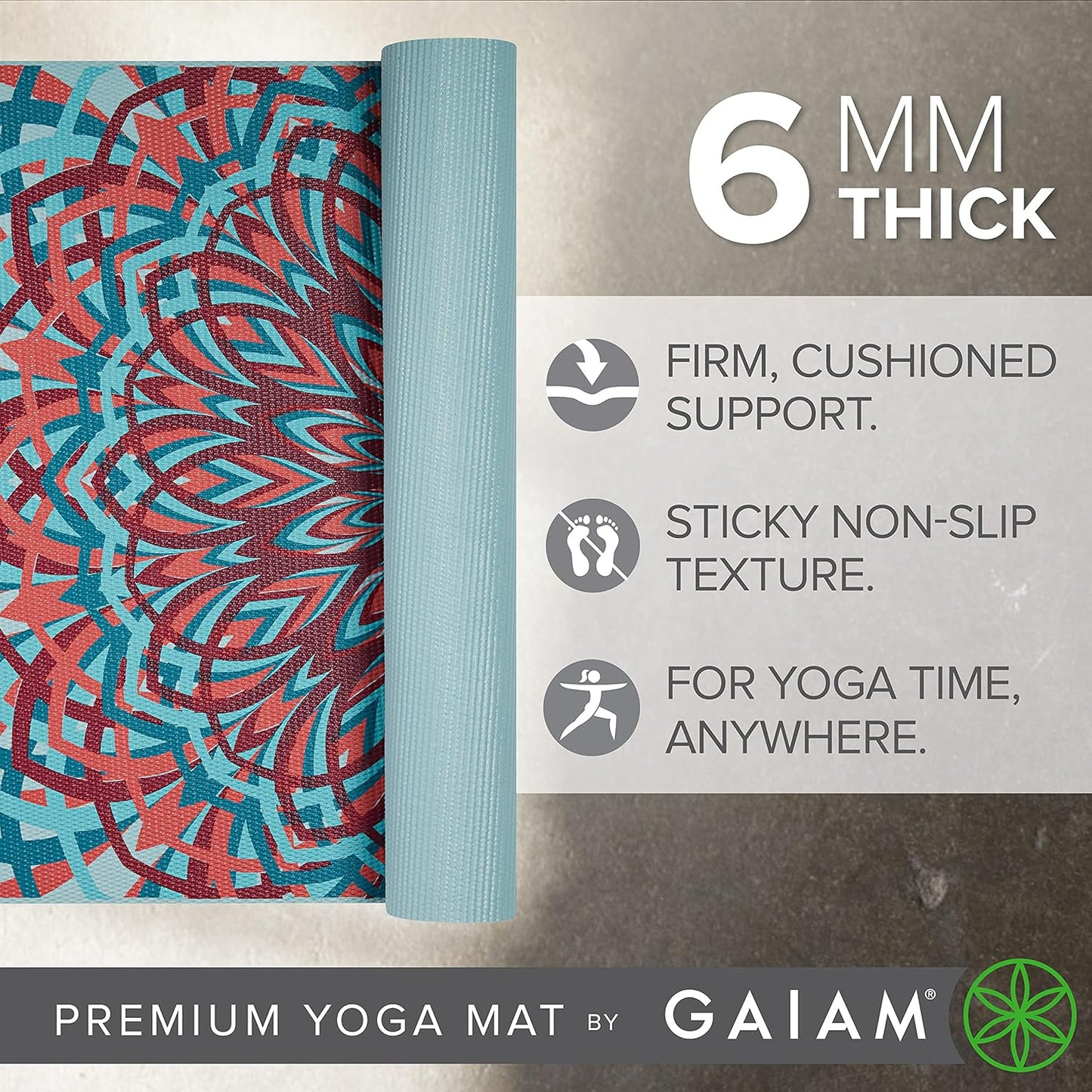 Gaiam Yoga Mat - Premium 6mm Print Extra Thick Non Slip Exercise & Fitness Mat for All Types of Yoga, Pilates & Floor Workouts (68"L x 24"W x 6mm Thick)