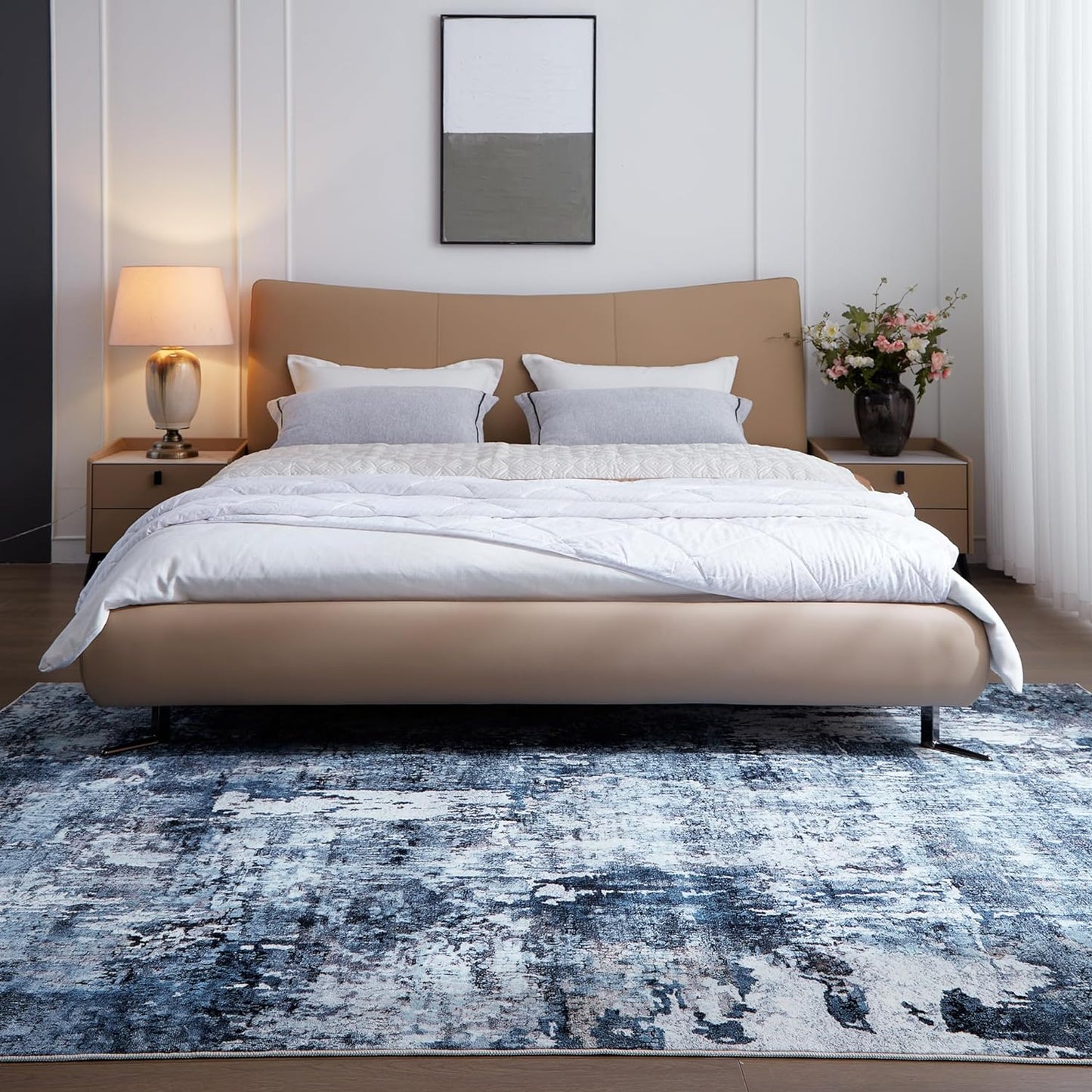 Area Rug 5x7 Washable Rug Boho Soft Abstract Pattern Non-Slip Non-Shedding Faux Wool Vintage for Living Room, Bedroom, Farmhouse, Dining Room, Indoor, Kids Playroom, Blue