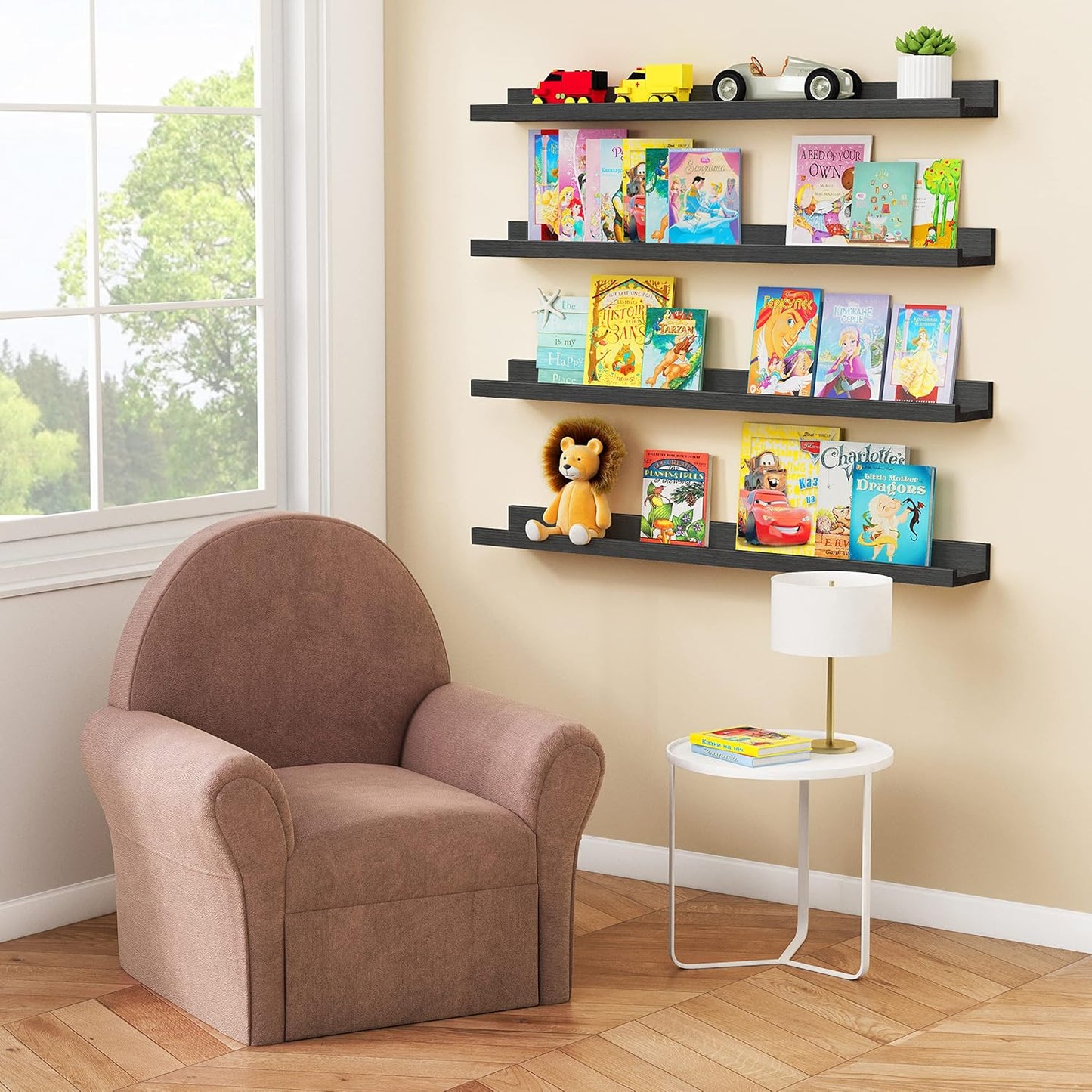 Forbena Black Photo Picture Ledge Shelf Set of 4, 36 Inch Floating Shelves with Lip for Wall, Narrow Wood Wall Shelf for Living Room Bedroom Office Album Frames Classroom Library, Conn 2 as 72 In Long