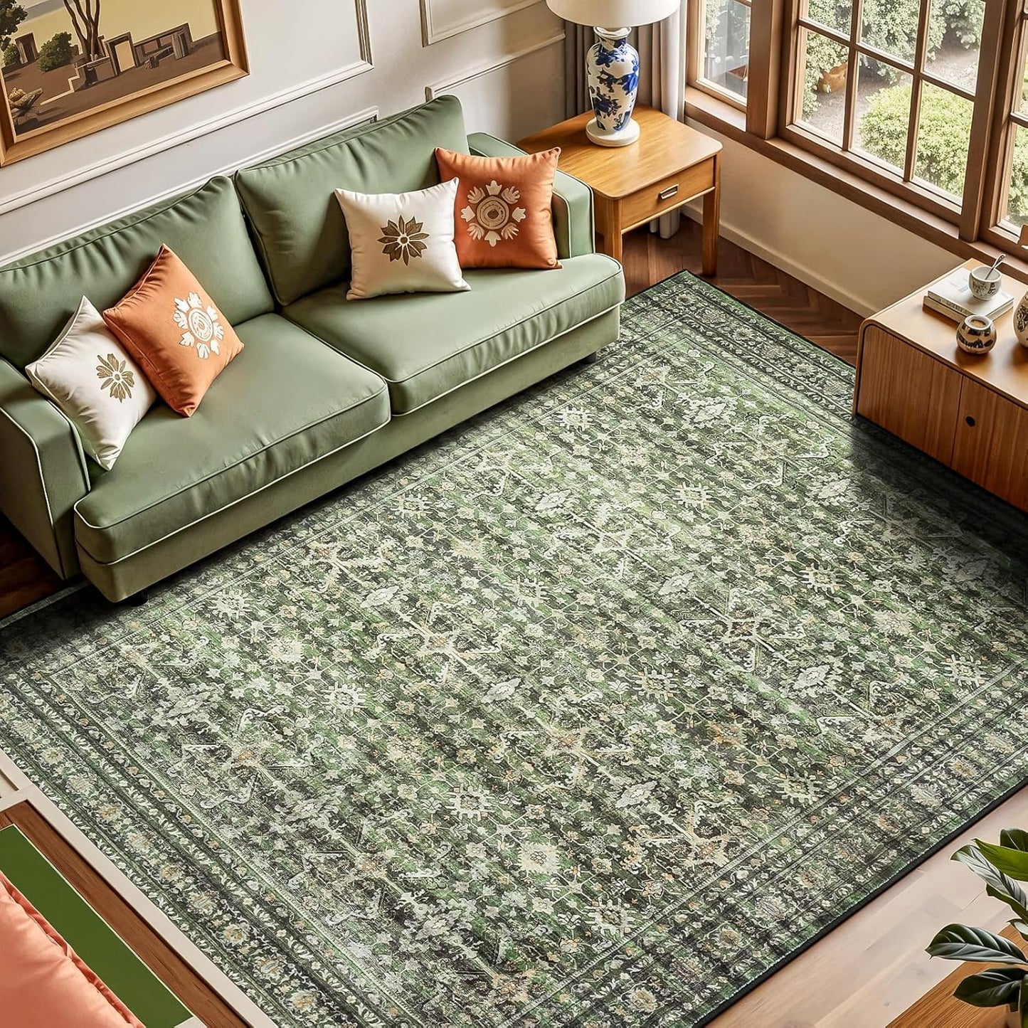 Lofus 6x9 Area Rug for Living Room,Green Washable Area Rugs with Non-Slip Backing,Soft Boho Carpets for Bedroom Dining Room Home Office Indoor Nursery