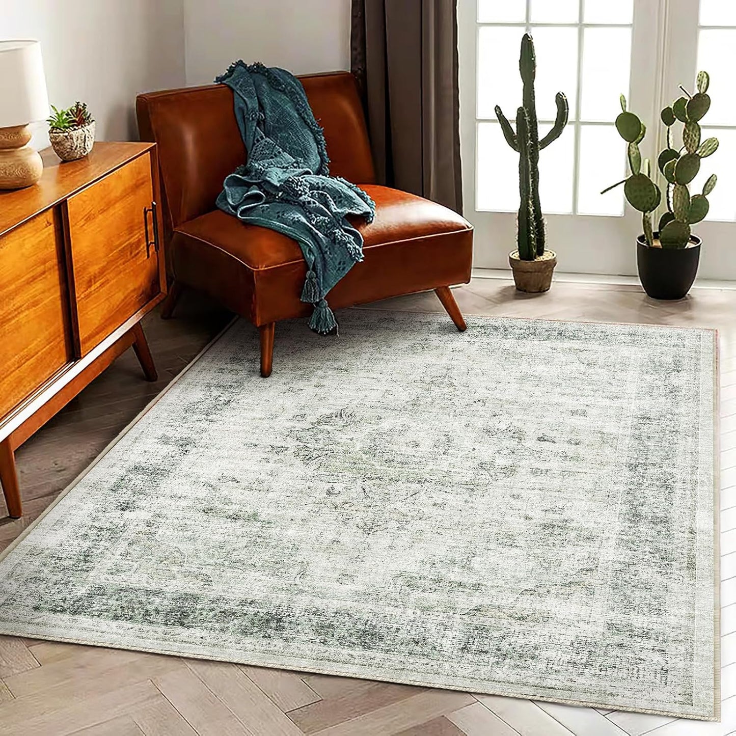 Area Rug 5'x7' Washable Rug Floral Green Vintage Traditional Floor Cover Thin Retro Kitchen Indoor Distressed Non Slip Carpet for Living Room Bedroom Dining Room