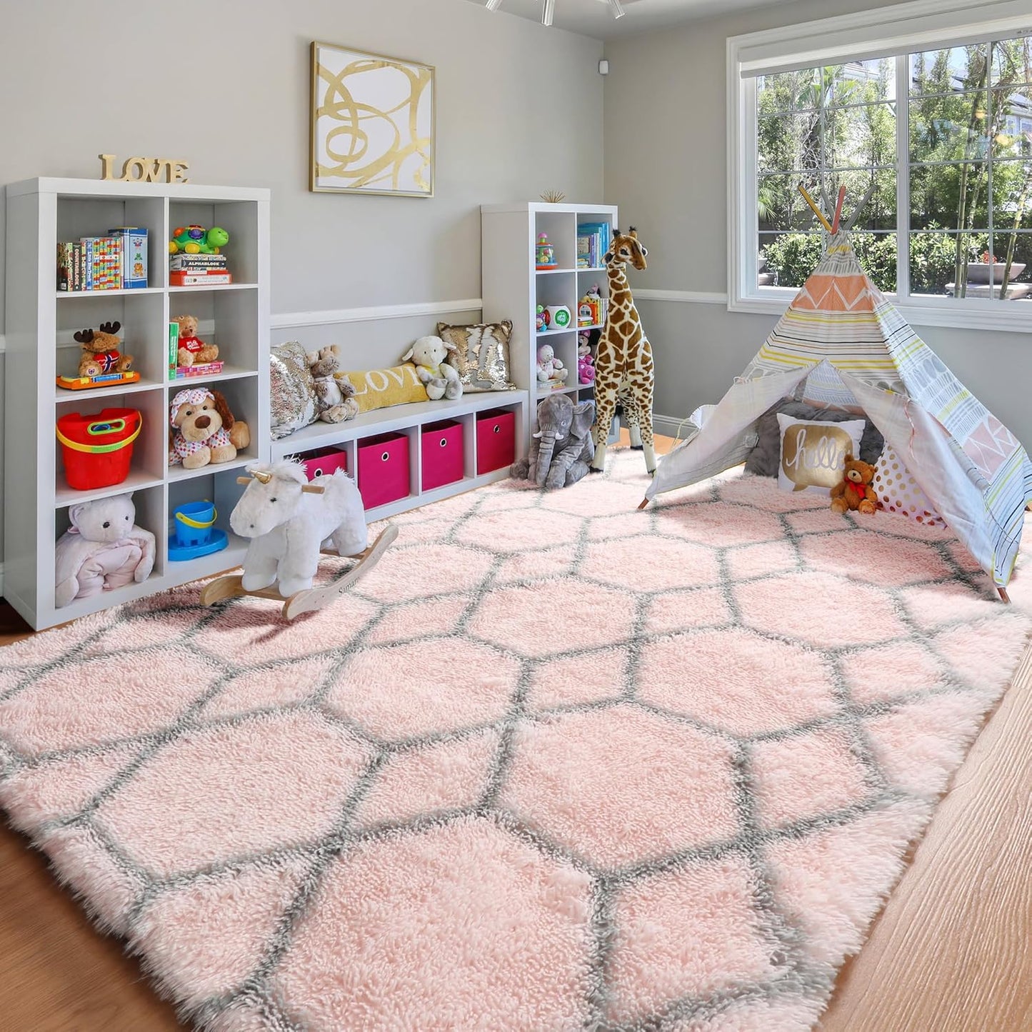 ONASAR Rugs for Living Room Bedroom, 5x8 Washable Fluffy Pink and Grey Area Rug, Geometric Boho Soft Plush Shaggy Fuzzy Floor Carpet for Nursery Kids Girls Boys Teen Dorm Home Decor Aesthetic