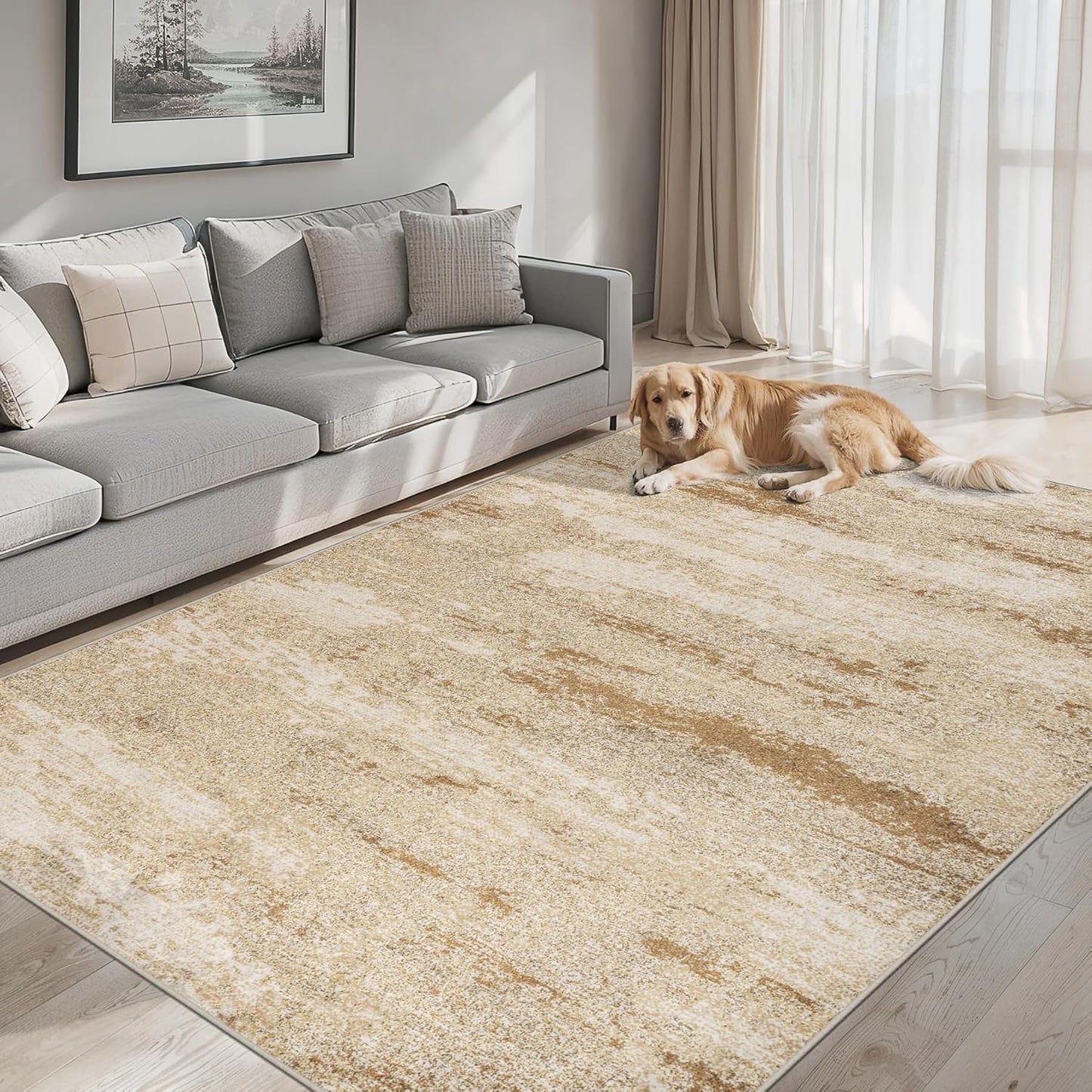 6x9 Area Rugs for Living Room - Washable Rug Modern Abstract Soft Large Neutral Non-Slip Carpet Indoor Floor Stain Resistant Thin Carpets for Bedroom Dining Room Farmhouse Nursery Home Office Beige