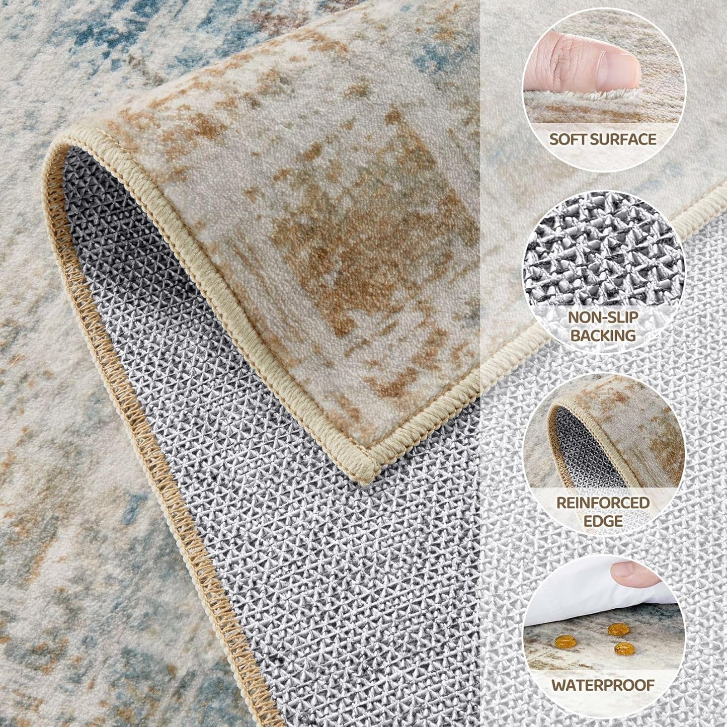 Area Rug for Living Room: 8x10 Washable Neutral Abstract Modern Soft Rugs Non Slip Indoor Floor Stain Resistant Large Carpet for Bedroom Dining Room Office Nursery - Blue Brown