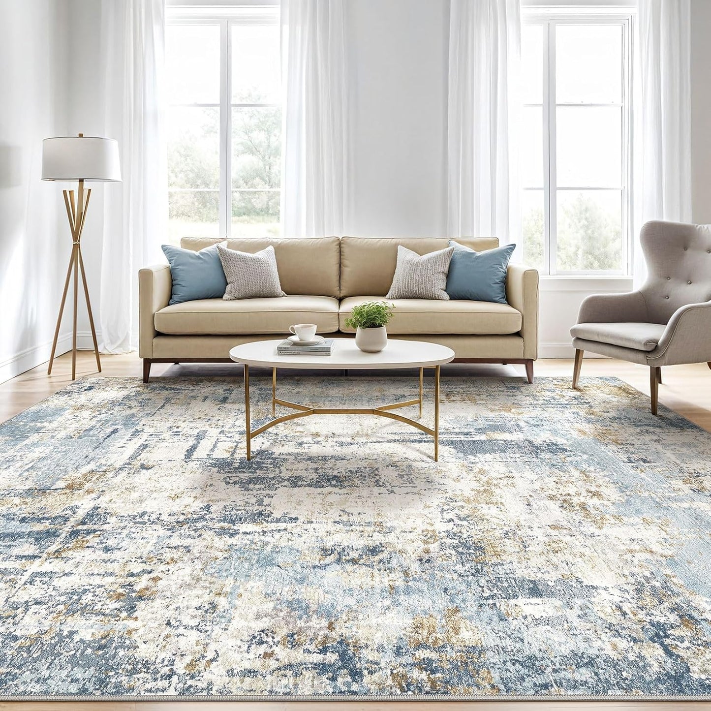 8x10 Area Rugs Washable Rug: Living Room Large Abstract Modern Soft Stain Resistant Indoor Floor Non Slip Accent Carpet for Bedroom Nursery Playroom Office Dining Room Dorm Home House- Blue