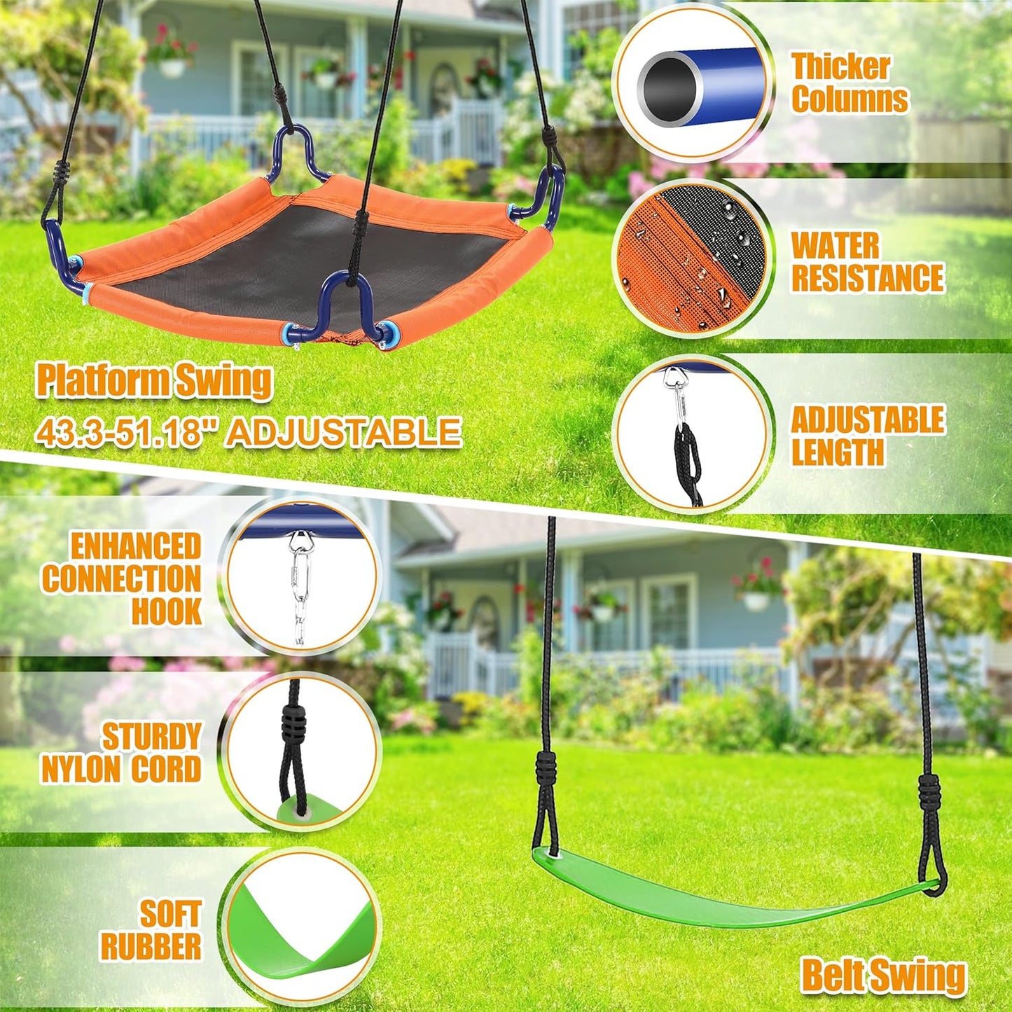 Swing Set for Backyard - 6 in 1 Multifunction Kids Swing Set Heavy Duty 550 lbs Outdoor Extra Large Metal Swing Frame with 3 Adjustable Swings Climbing Net Ladder Basketball Hoop