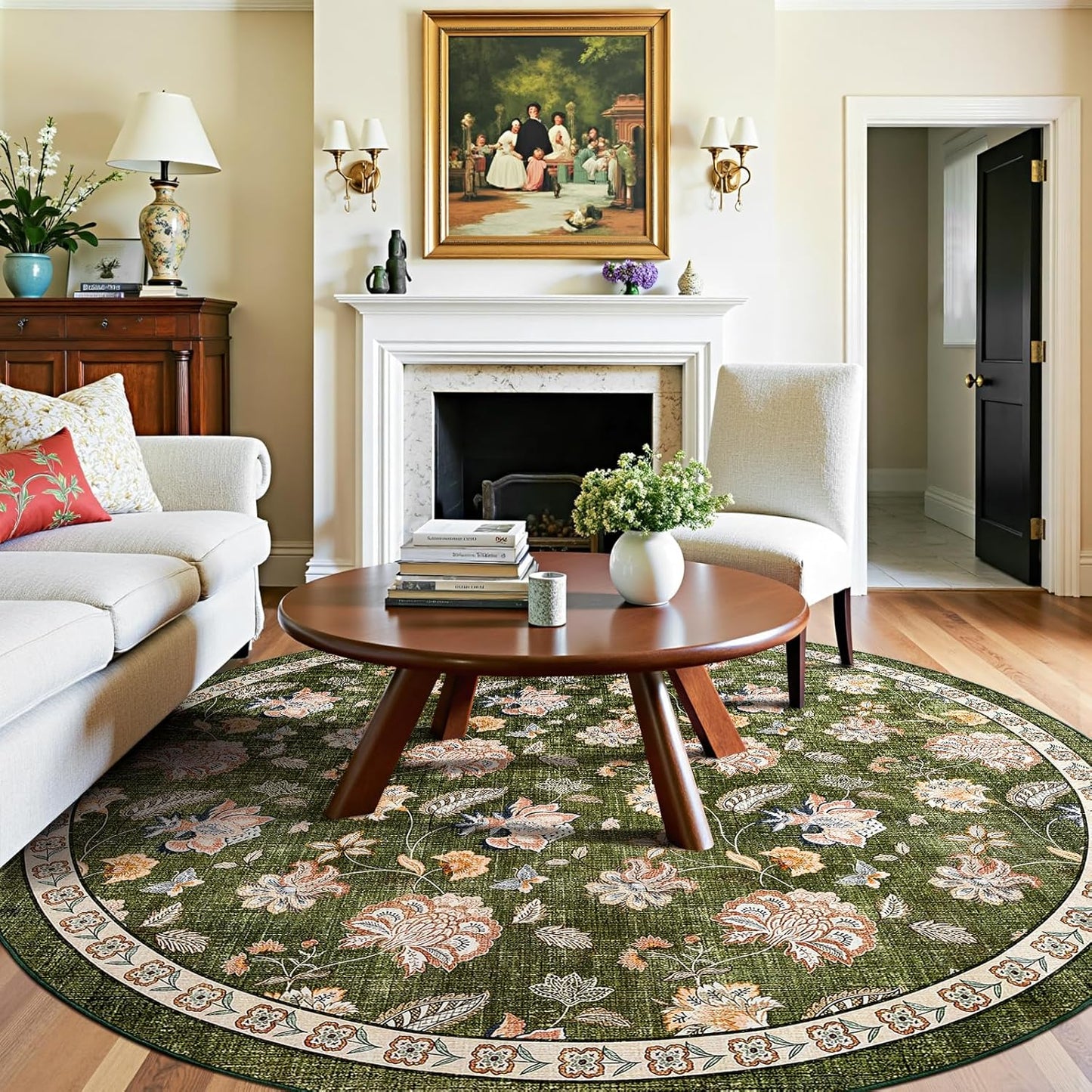 jinchan 8ft Floral Round Rug for Dining Room Washable Living Room Rug Vintage Romance Design Non Slip Indoor Floor Cover Lightweight Low-Profile Throw Carpet for Bedroom Porch Patio, Green