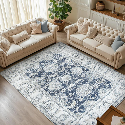 jinchan 6x9 Area Rug for Living Room Machine Washable Vintage Floral Distressed Design Stain Resistant Boho Carpet Ultra-Thin Low Pile Non-Slip Rug for Bedroom Dining Room Home Office(6‘x9',Dark Blue)