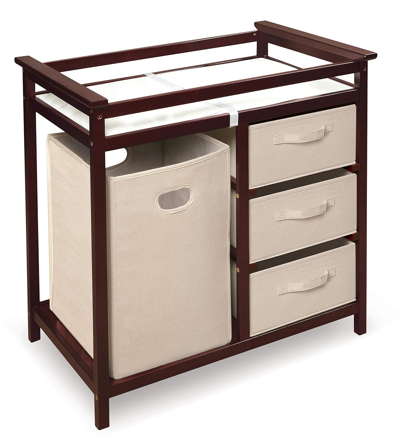 Badger Basket Modern Baby Changing Table with Laundry Hamper, 3 Storage Drawers and Pad, Diaper Change Station - Cherry/Ecru