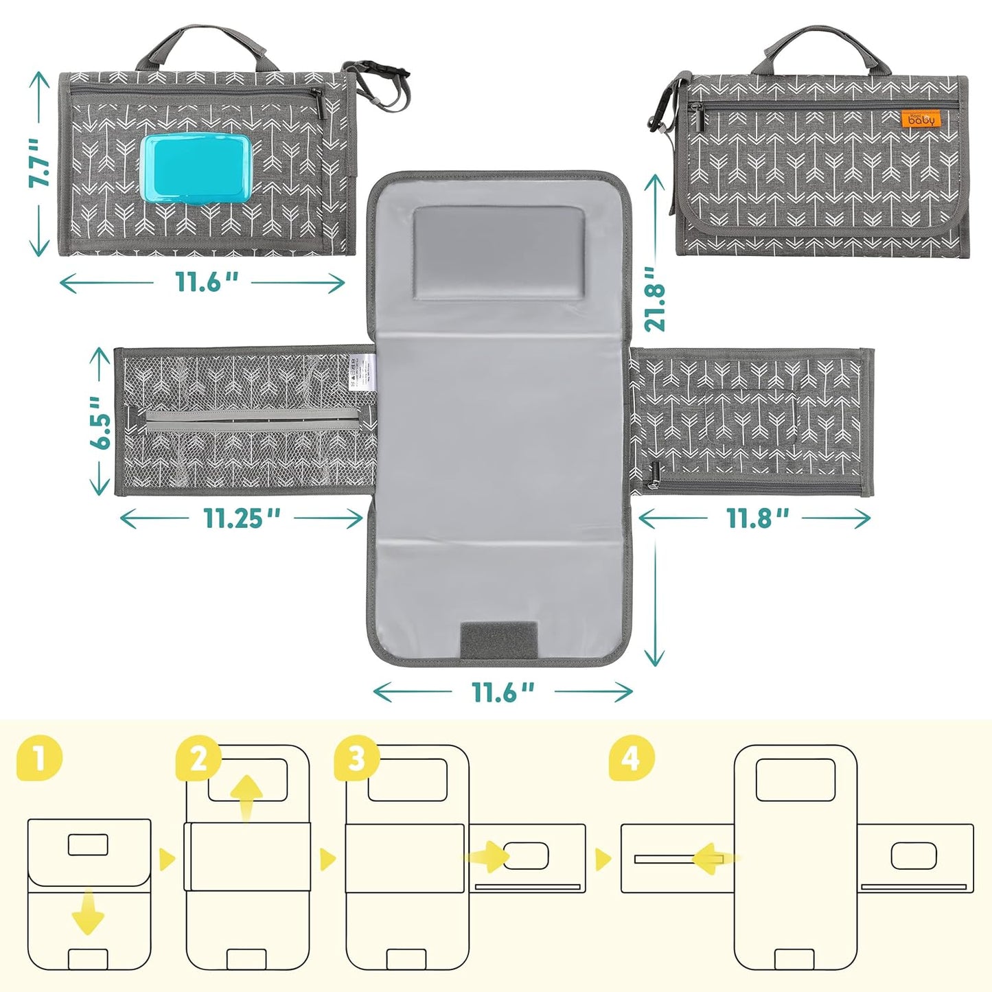 Kopi Baby Portable Diaper Changing Pad - Baby Diaper Changer Travel Bag with Wipes Pocket, Smart Design Portable Changing Mat, Infant Travel Station Kit, Gift for Newborn Girl & Boy - Modern