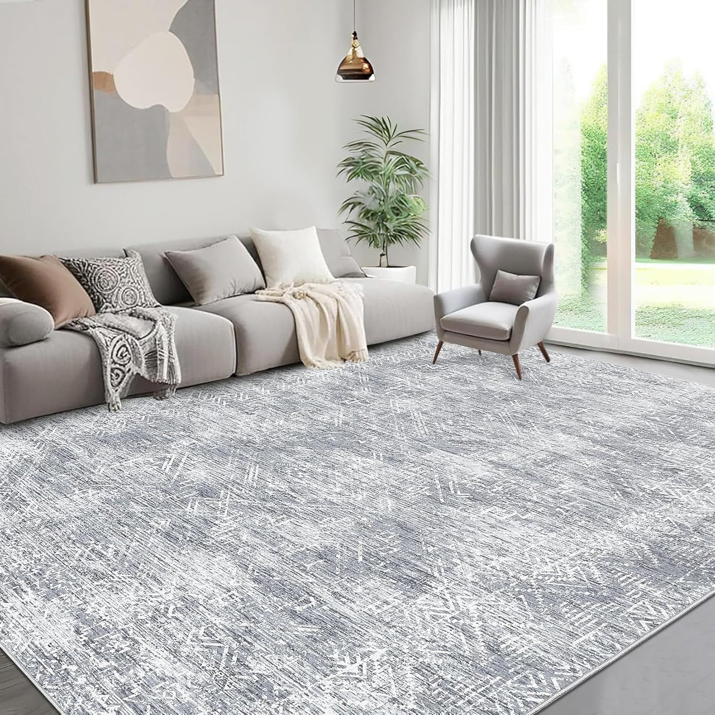 COZYLOOM Large Area Rug 8x10 Machine Washable Area Rugs for Living Room Modern Abstract Mats Non Slip Geometric Accent Carpet Stain Resistant Foldable Mats for Dining Room, Nursery, Grey
