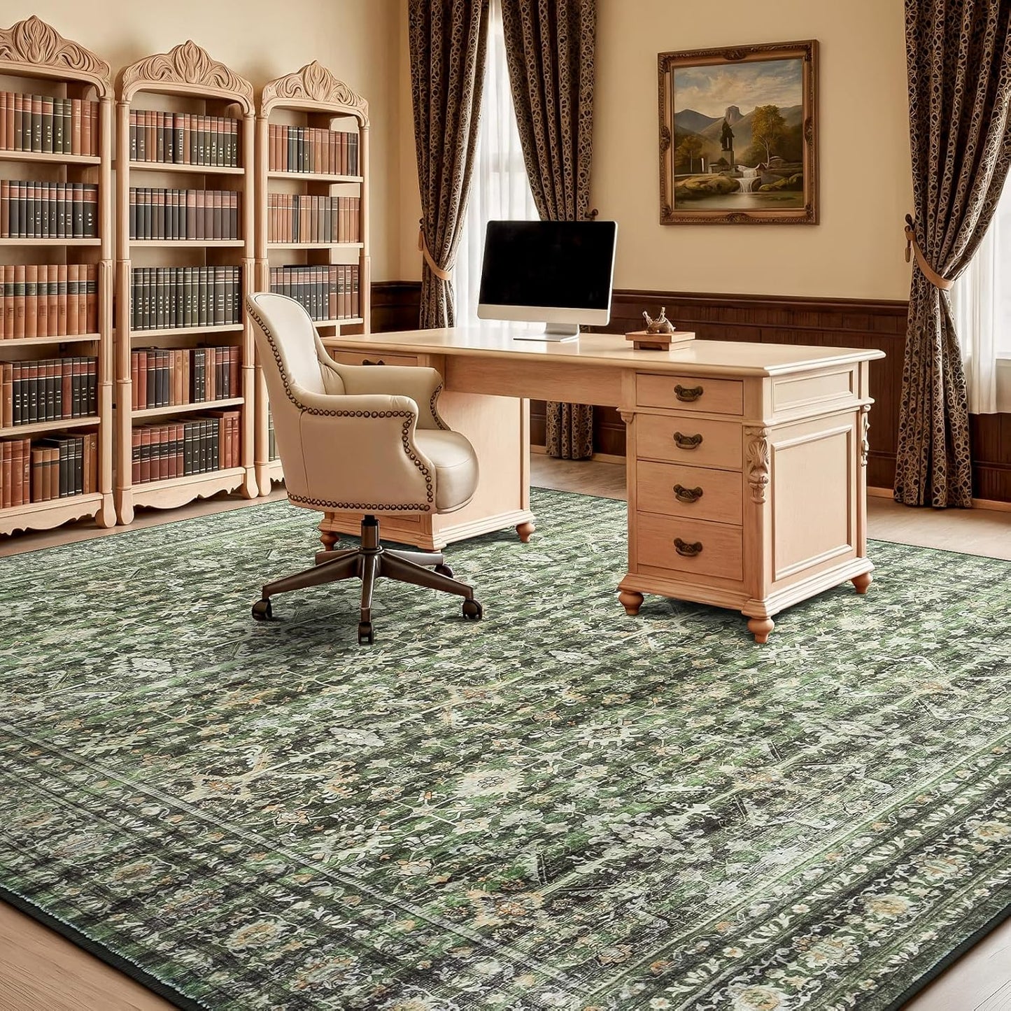Lofus 8x10 Area Rug for Living Room,Green Washable Large Rugs with Non-Slip Backing,Soft Boho Carpets for Bedroom Dining Room Home Office Indoor Nursery