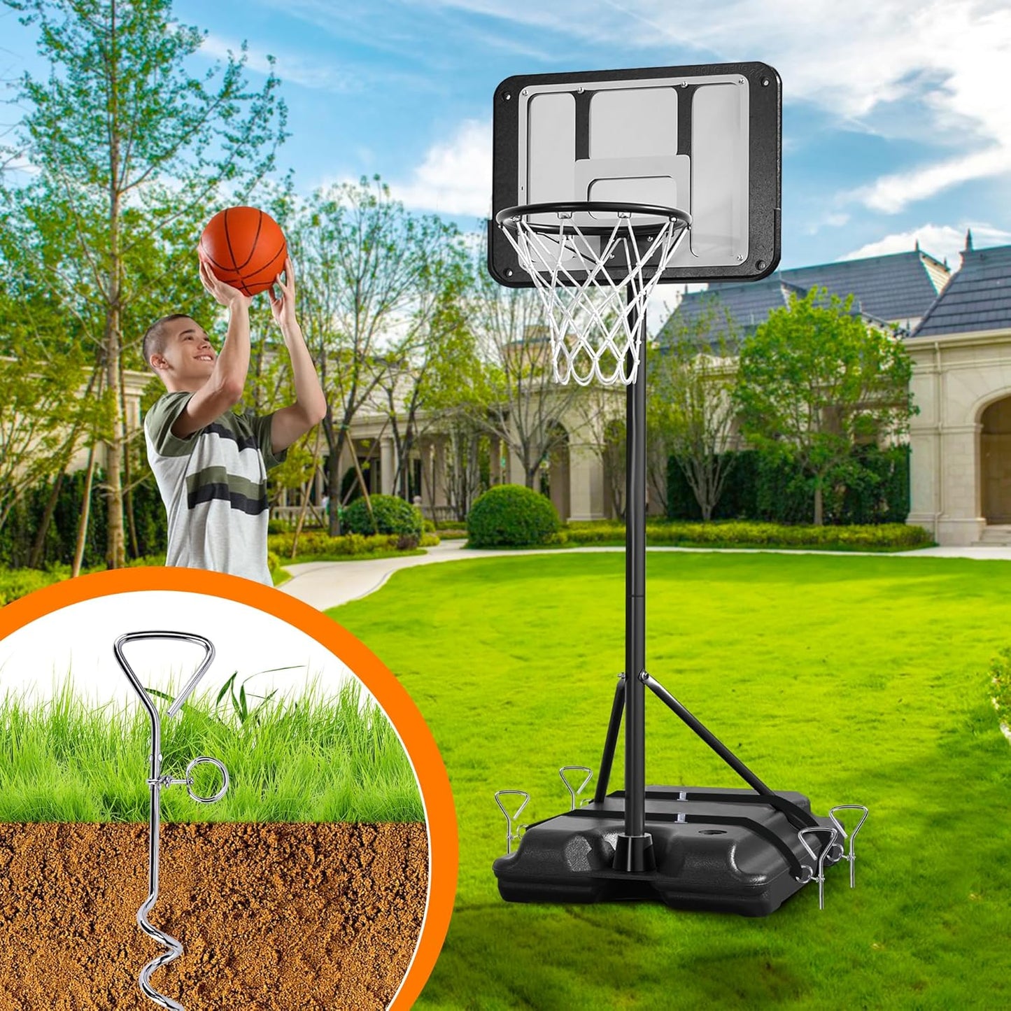 RunNico Basketball Goal Anchor, Heavy Duty Basketball Hoop Tie Down Kit, Court Setup Ground Stakes with Adjustable Straps for Basketball Mounting Trampoline Swing Tent