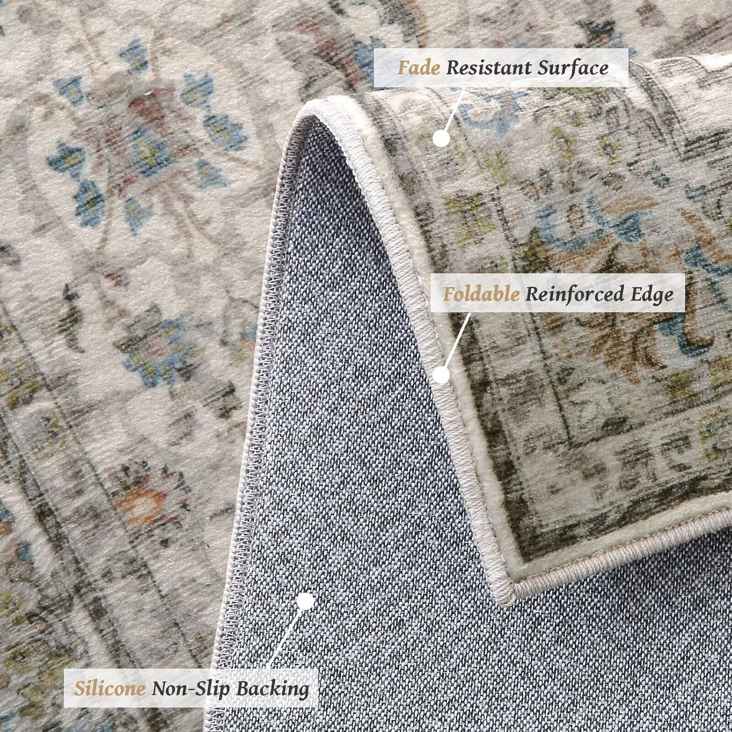 Washable 10x14 Area Rugs for Living Room, Boho Non-Slip Silicone Backing Rugs for Bedroom Dining Room Office, 0.3" Neutral Oriental Throw Carpet with 0.16" Cushioning Pad, Cream/Multi