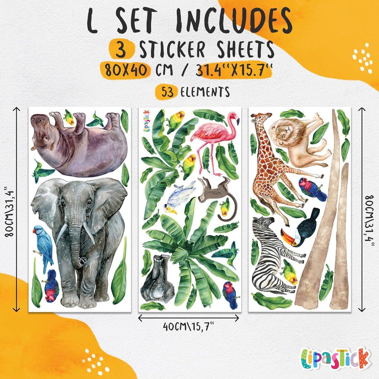Safari Animal Wall Decals for Kids by Lipastick-Peel and Stick Jungle Stickers Giraffe, Elephant, Hippo, Palm Tree, Parrot for Toddlers Room, Nursery, Playroom, Classroom, Daycare Decor Art- L Size
