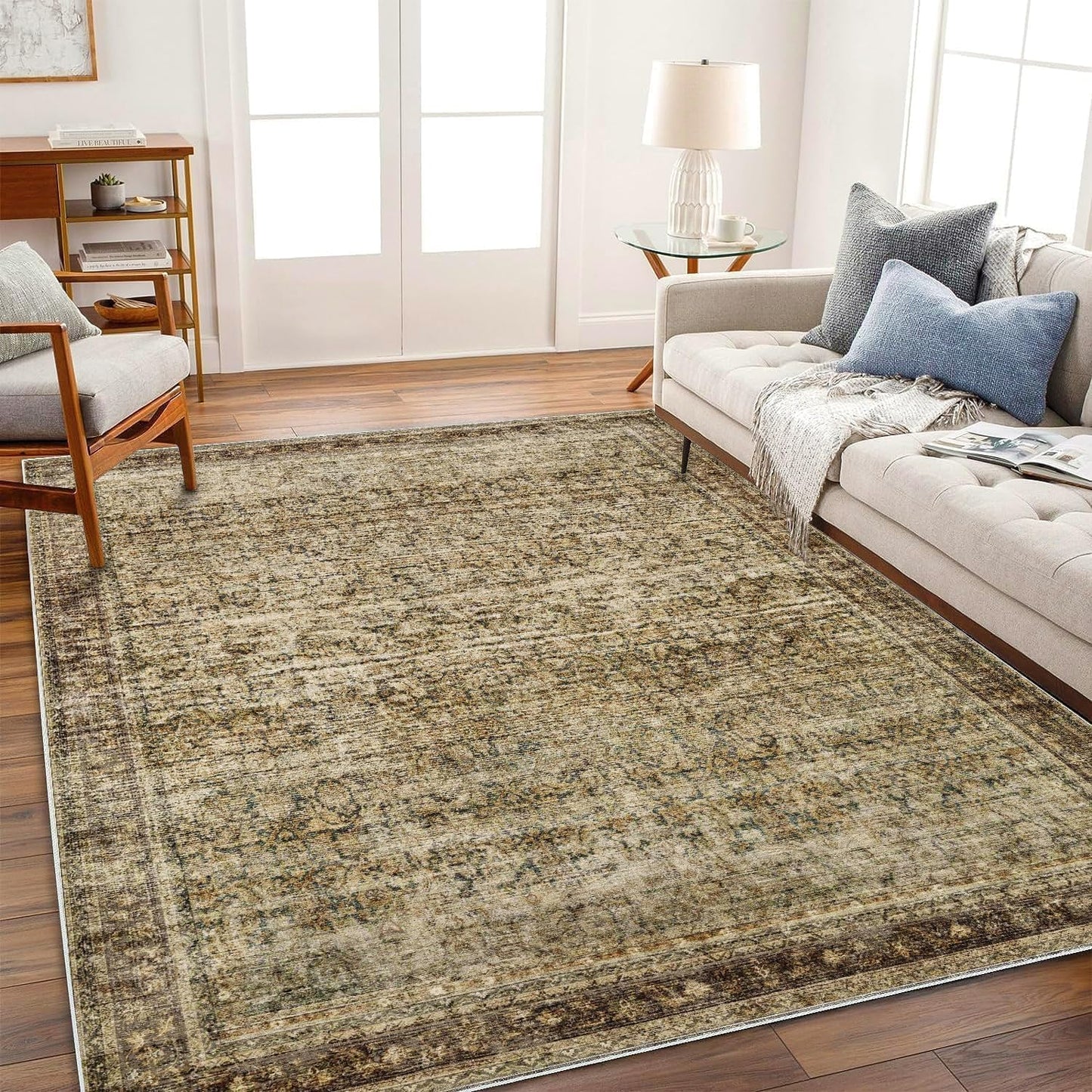 Area Rug 6x9 Washable Rug Dark Brown Vintage Traditional Distressed Thin Retro Kitchen Indoor Floor Cover Non Slip Carpet Floral Print Mat Living Room Bedroom Dining Room
