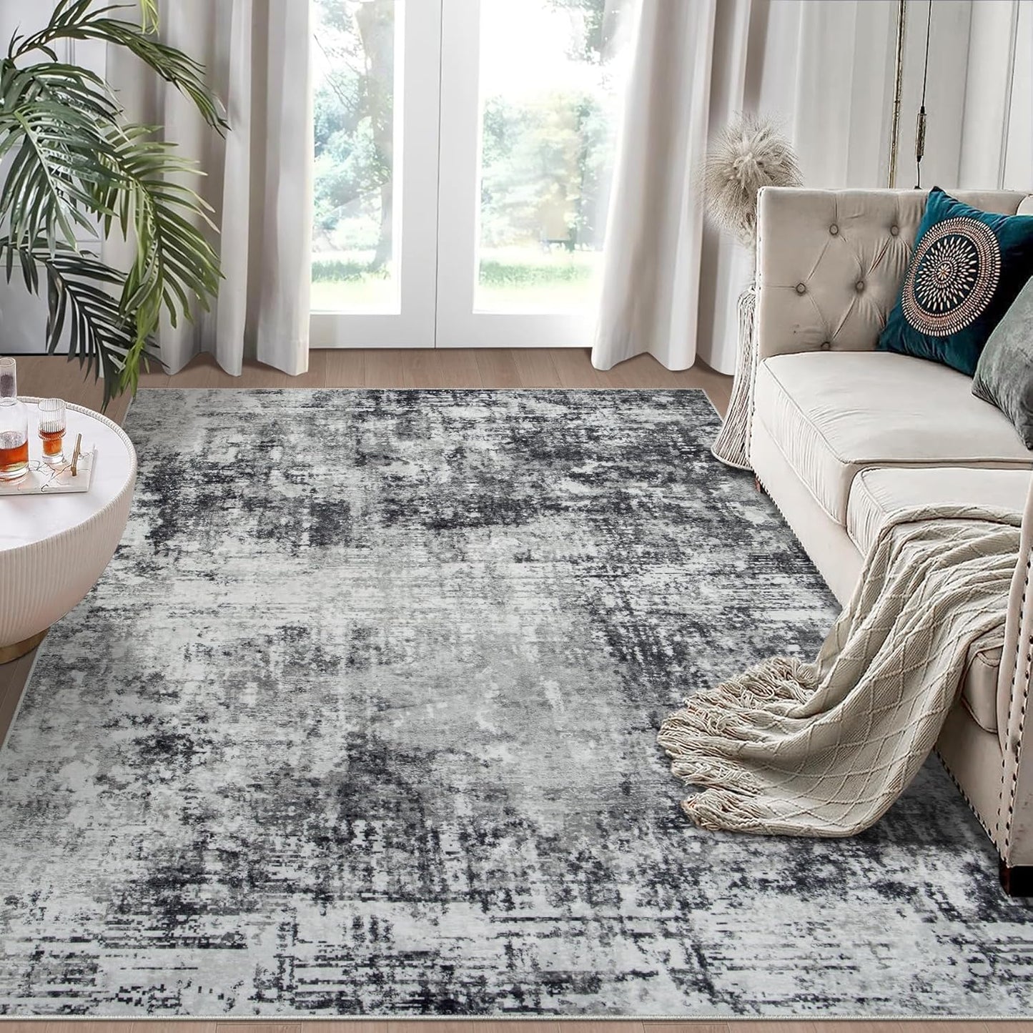 5x7 Area Rugs for Living Room Rug Washable: Modern Rug for Dining Room Bedroom Carpet Non Slip Low Pile 5 by 7 Indoor Abstract Nursery Home Office Black Grey