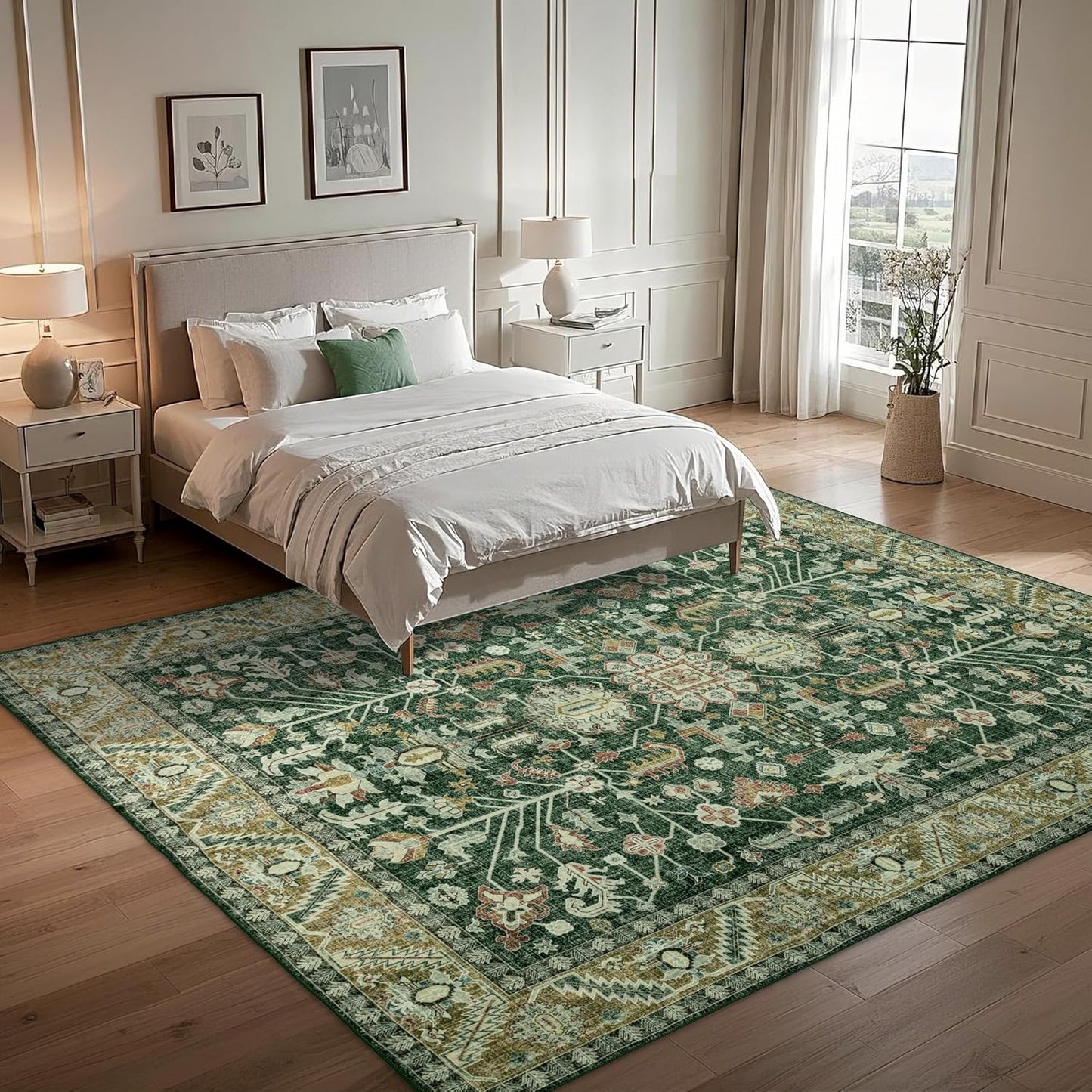 8x10 Area Rugs Washable: Oriental Soft Area Rug for Living Room Bedroom No Shedding - Low Pile Thin Carpet Rug for Dining Room Non Slip - Boho Vintage Rug for Home Decor - Retro Forest Green