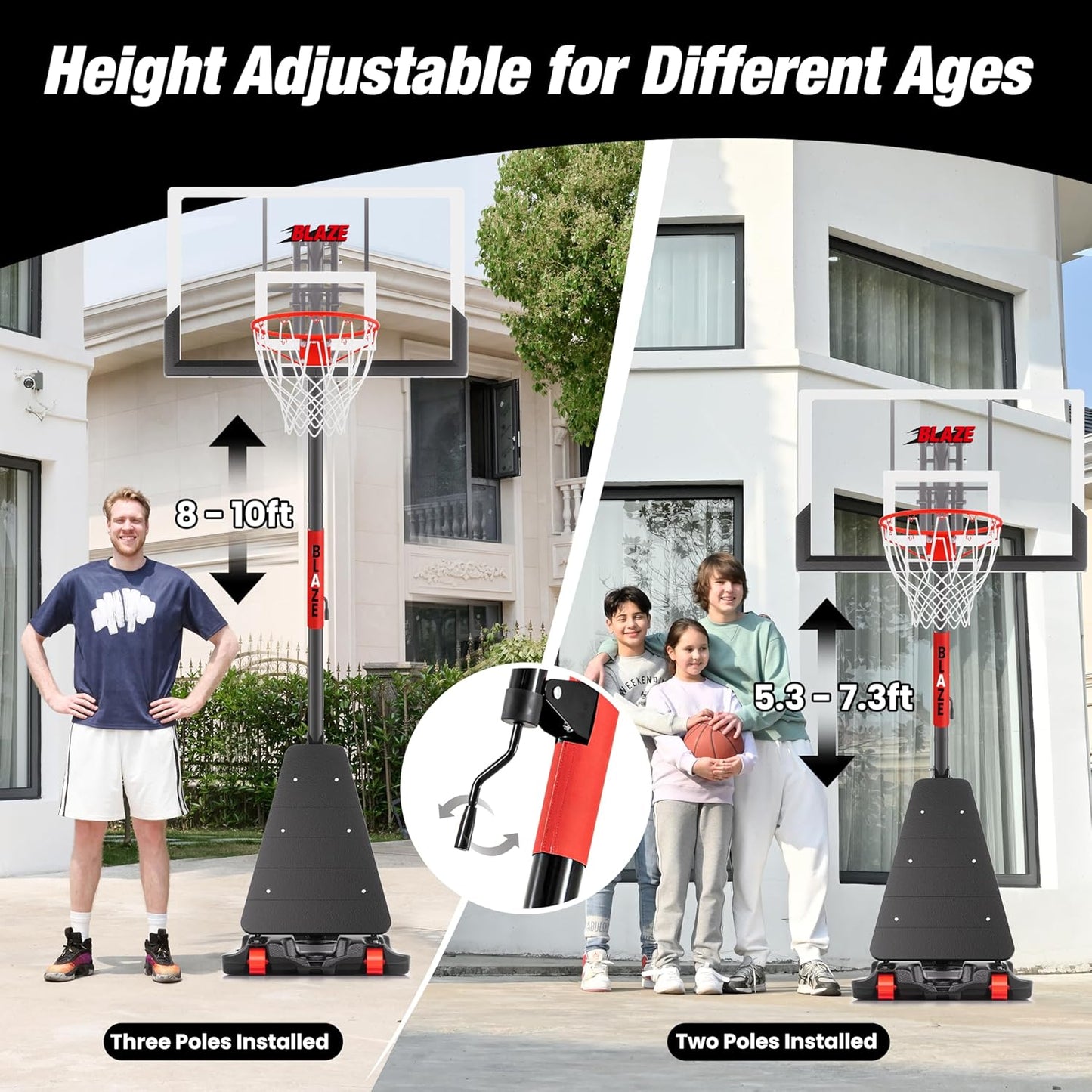 Basketball Hoop Outdoor 10 FT Height Adjustable, Portable Basketball Goals Systems with 45" Backboard for Youth Adults Kids - Backyard, Driveway, Indoor Play