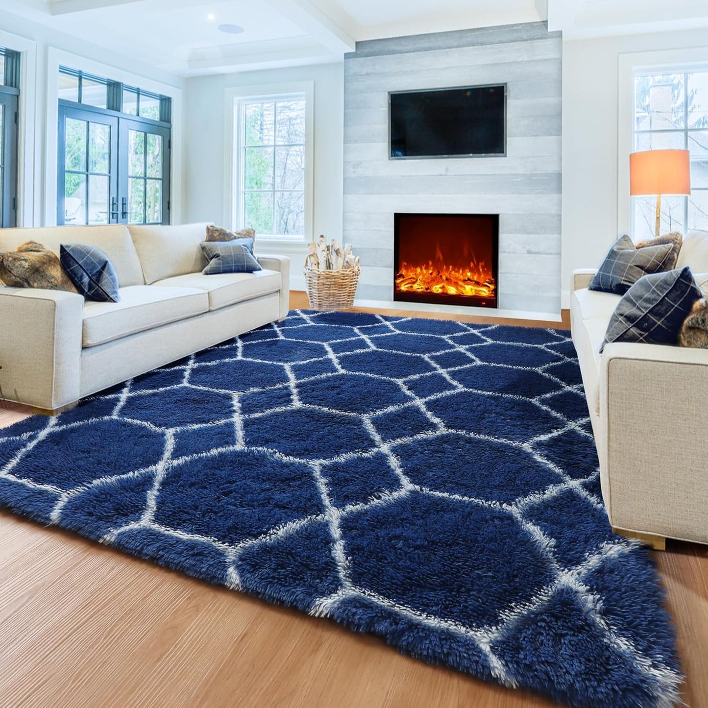 ONASAR Geometric Area Rugs 5x8 for Living Room, Fluffy Moroccan Navy and White Rug for Boys Bedroom Home Decor Aesthetic, Soft Shaggy Plush Floor Carpet for Kids Girls Teen Nursery Playroom Office