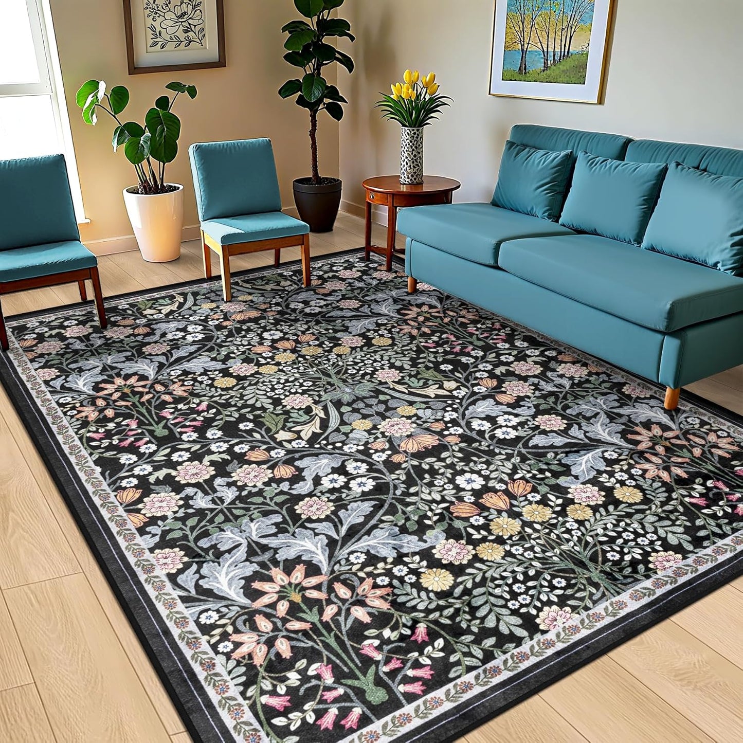 Area Rugs 9x12 Living Room: Floral Washable Rug Vintage Large Soft Boho Non-Slip Carpet Indoor Stain Resistant Low Pile Carpets for Bedroom Dining Room Farmhouse Nursery Hallway Home Office Dark Black