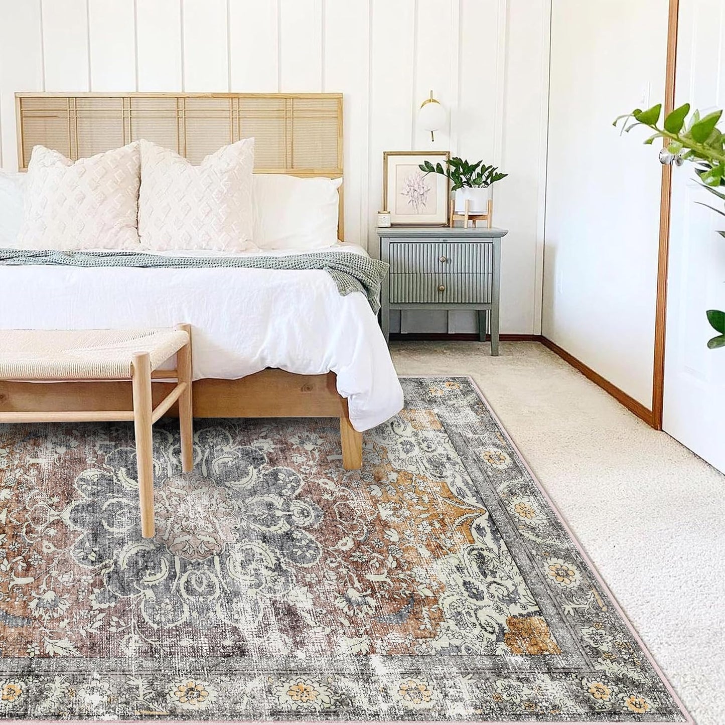 Area Rug 6x9 Washable Rug Brown Grey Vintage Traditional Distressed Thin Retro Kitchen Indoor Floor Cover Non Slip Carpet Floral Print Mat Living Room Bedroom Dining Room