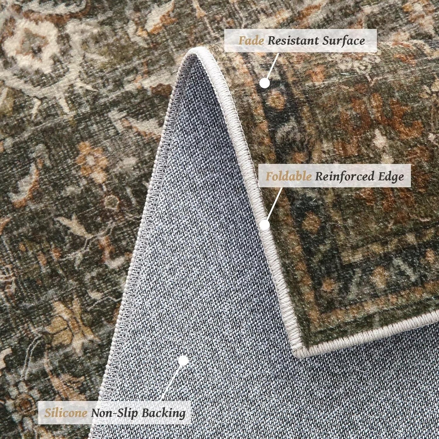 Washable 9x12 Area Rugs for Living Room, Boho Non-Slip Silicone Backing Rugs for Bedroom Dining Room Nursery Office, 0.3" Neutral Oriental Throw Carpet with 0.16" Cushioning Pad, Deep Brown/Multi