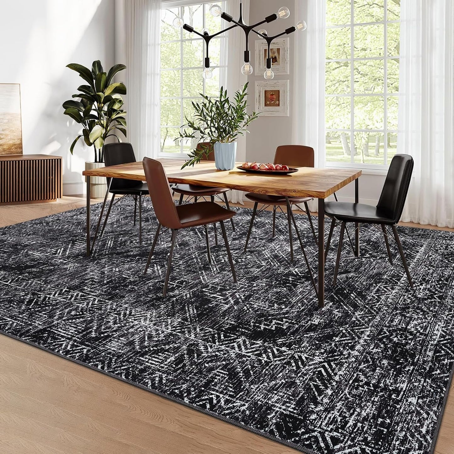 COZYLOOM Black Rug for Living Room 9x12 Machine Washable Area Rugs Modern Abstract Door Mats Non Slip Stain Resistant Geometric Accent Carpet for Bedroom, Dining Room, Nursery