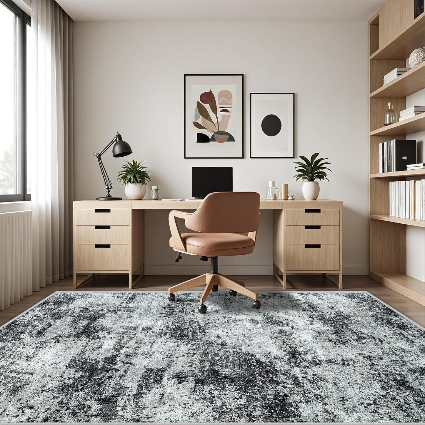 Washable Rug 6x9 Area Rugs: Abstract Washable Rugs with Non-Slip Backing, Stain Resistant Indoor Floor Carpet for Bedroom Dining Room Table Nursery Hallway Home Office Dark Black/Gray