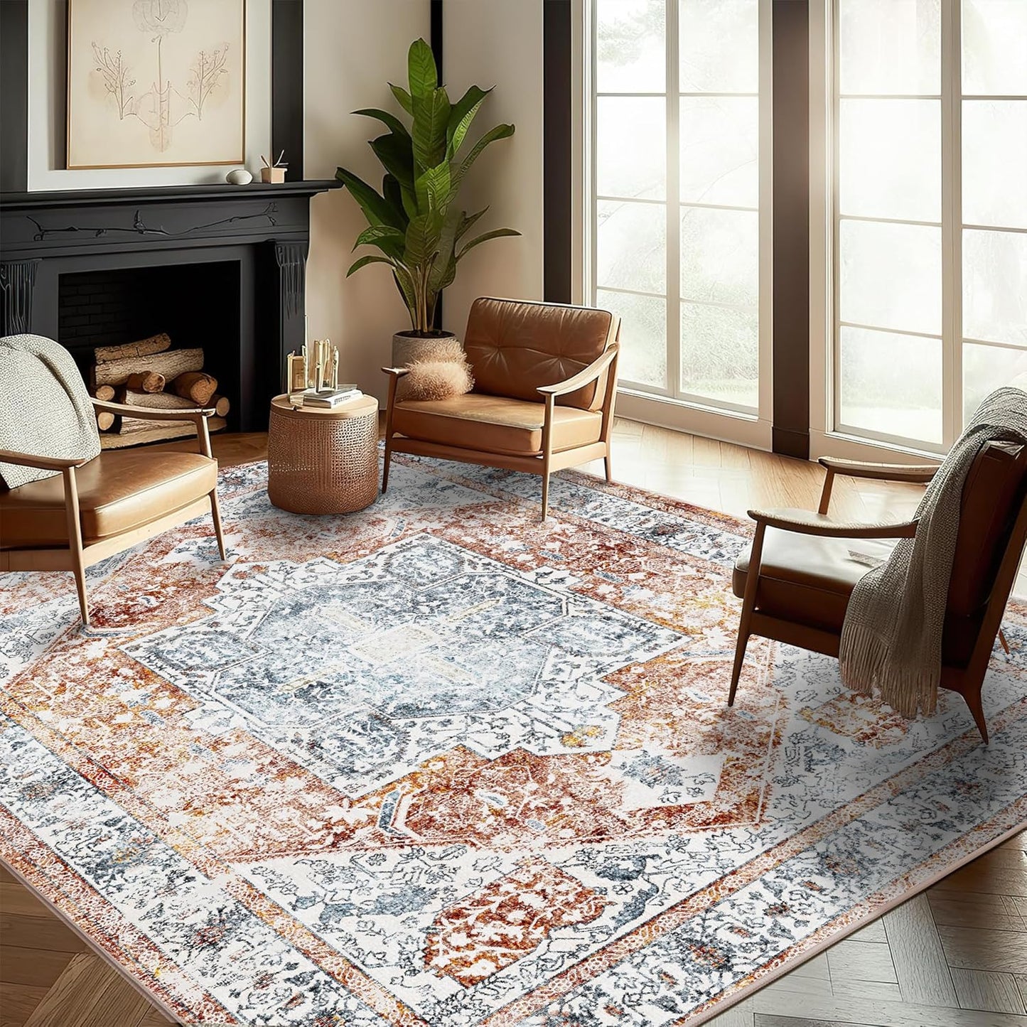 Area Rug 8x10 Washable Rug Tangerine Vintage Traditional Mat Distressed Indoor Foldable Thin Retro Accent Floral Print Rug Non Slip Carpet Living Room Dining Room Office