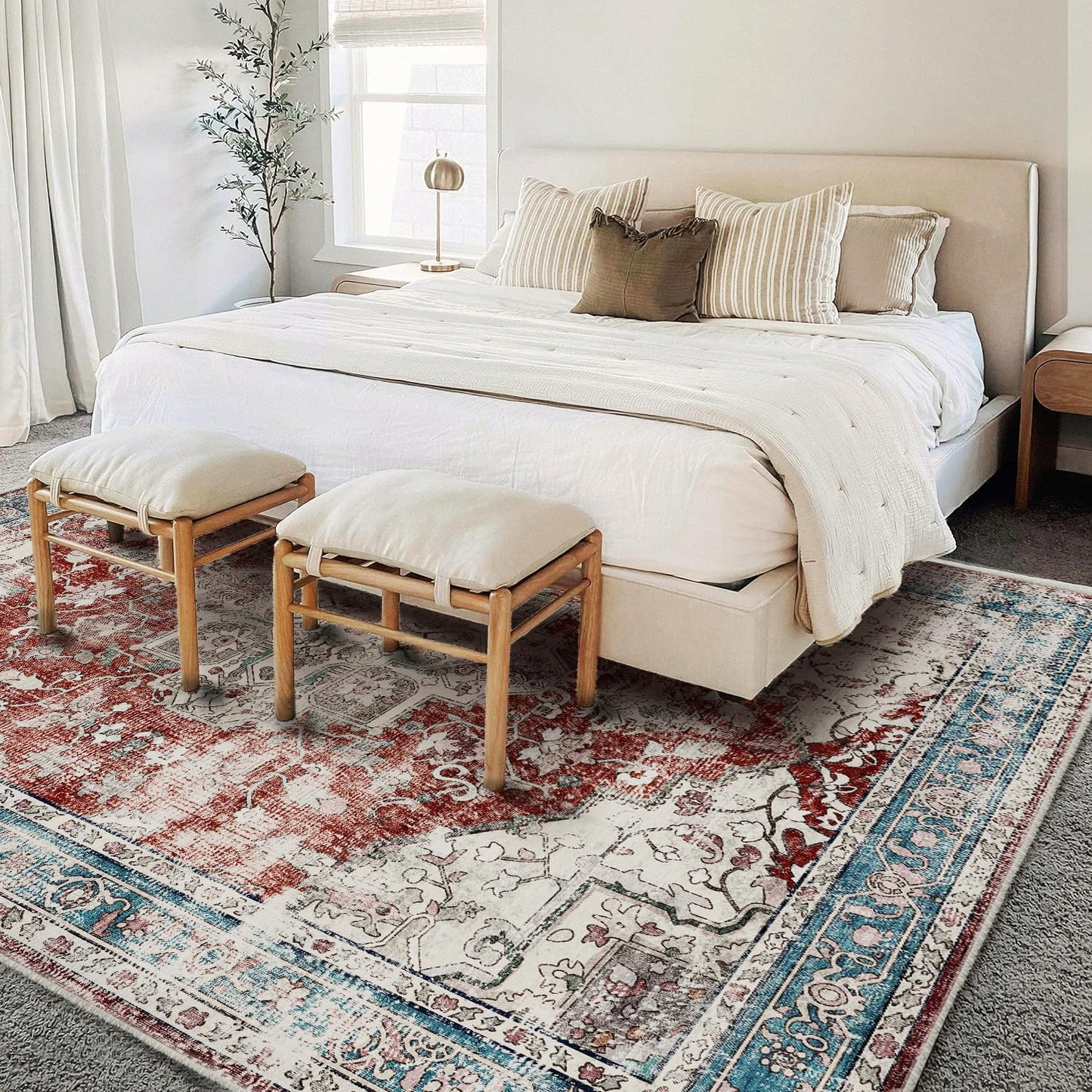 Area Washable Rug 5'x7' Red Blue Washable Vintage Traditional Floor Cover Thin Rug Retro Kitchen Indoor Distressed Non Slip Carpet Floral Print Mat Living Room Bedroom Dining Room